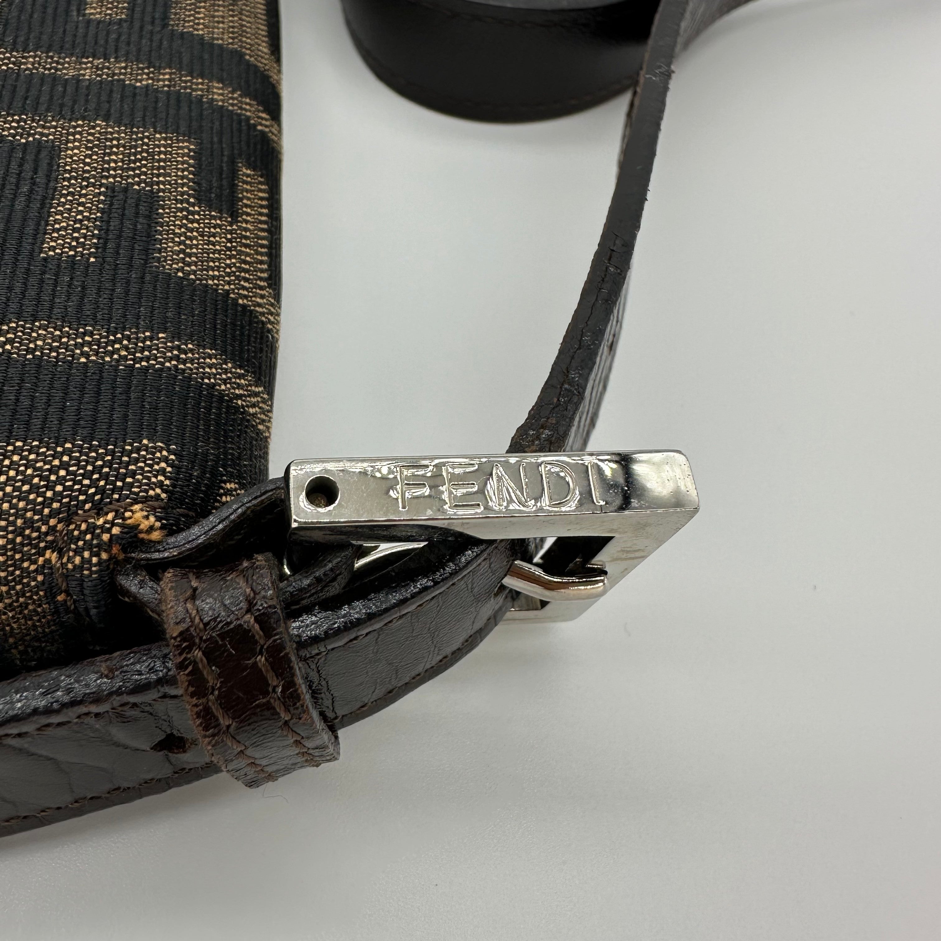 Fendi FF Logo Zucca Shoulder Crossbody Bag Brown Canvas Leather Vintage