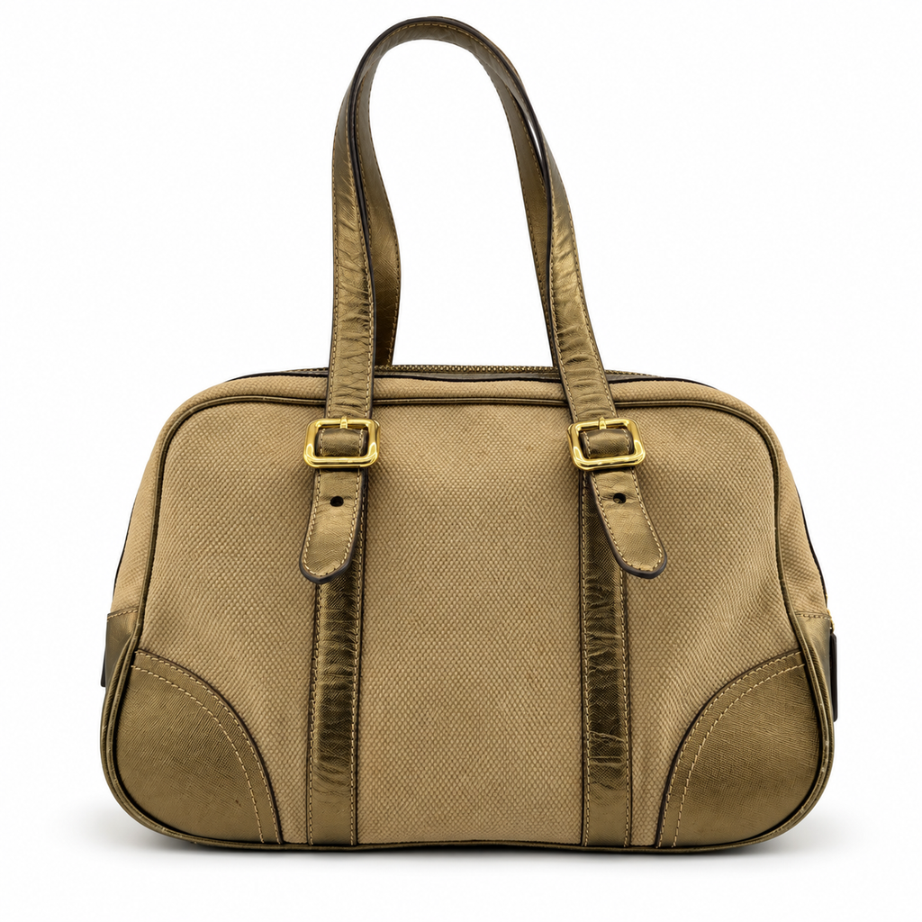 Prada Saffiano Trimmed Gold Bowling Handle Bag Gold Hardware