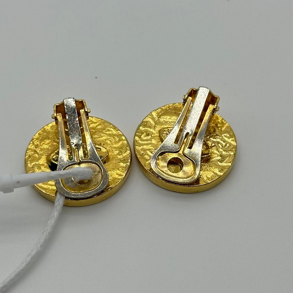 Chanel Gold Medallion Black Logo Clip-On Earrings Vintage