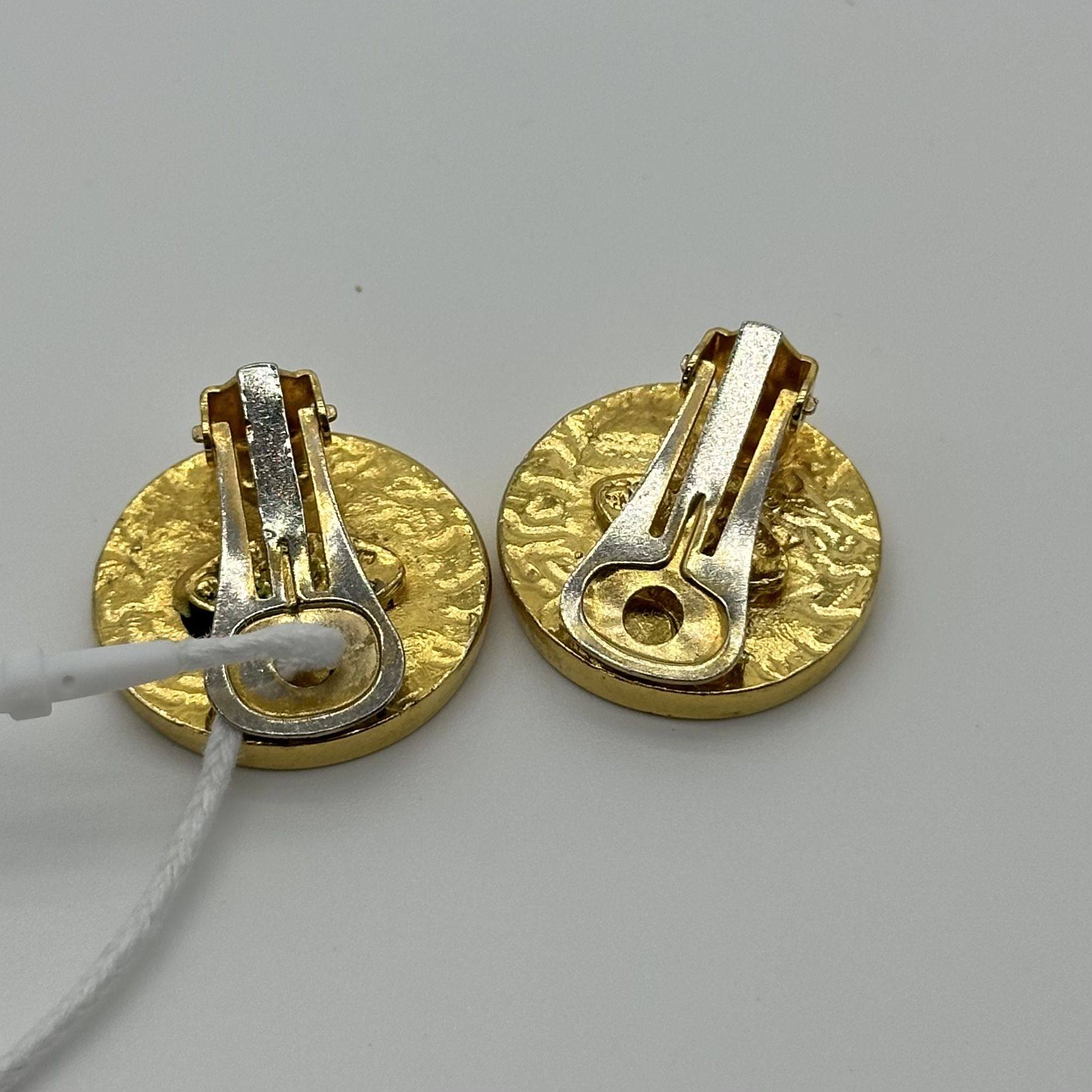 Chanel Gold Medallion Black Logo Clip-On Earrings Vintage