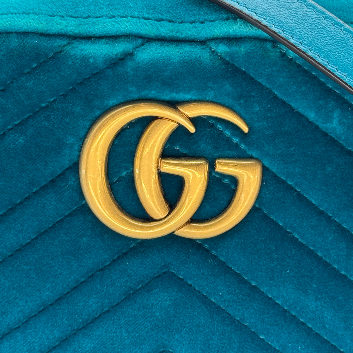 Gucci Quilted Velvet GG Marmont Small Teal Crossbody Bag