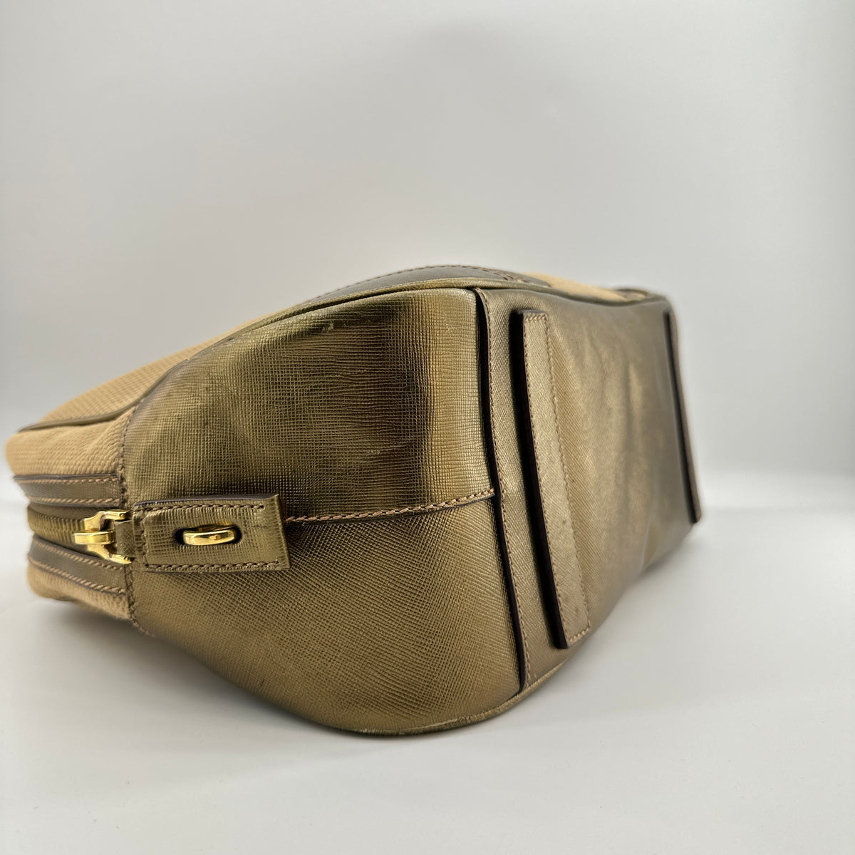 Prada Saffiano Trimmed Gold Bowling Handle Bag Gold Hardware