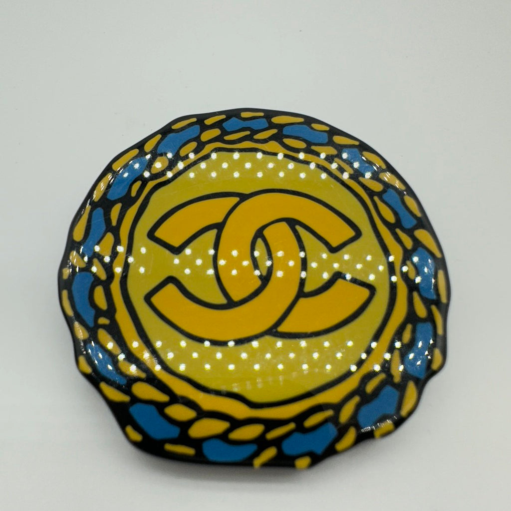 Chanel CC Logo Yellow Blue Enamel Gold-Tone Round Brooch
