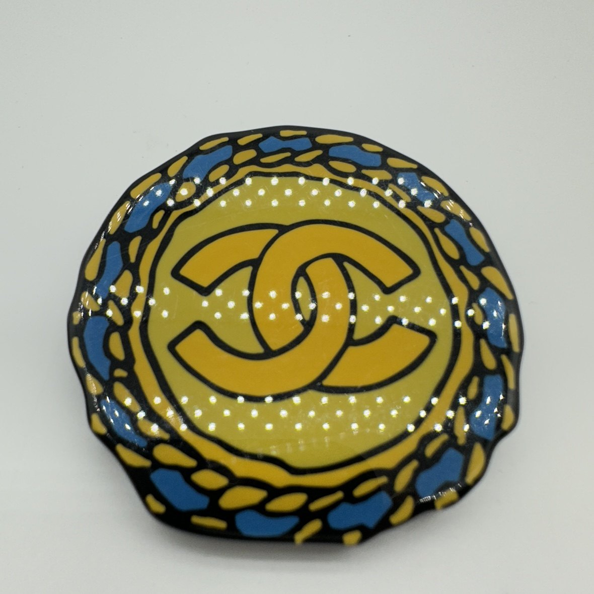 Chanel CC Logo Yellow Blue Enamel Gold-Tone Round Brooch