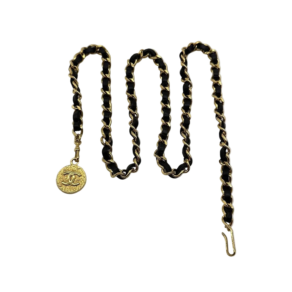 Chanel 1982 CC Medallion Gold-Tone Black Leather Chain Belt
