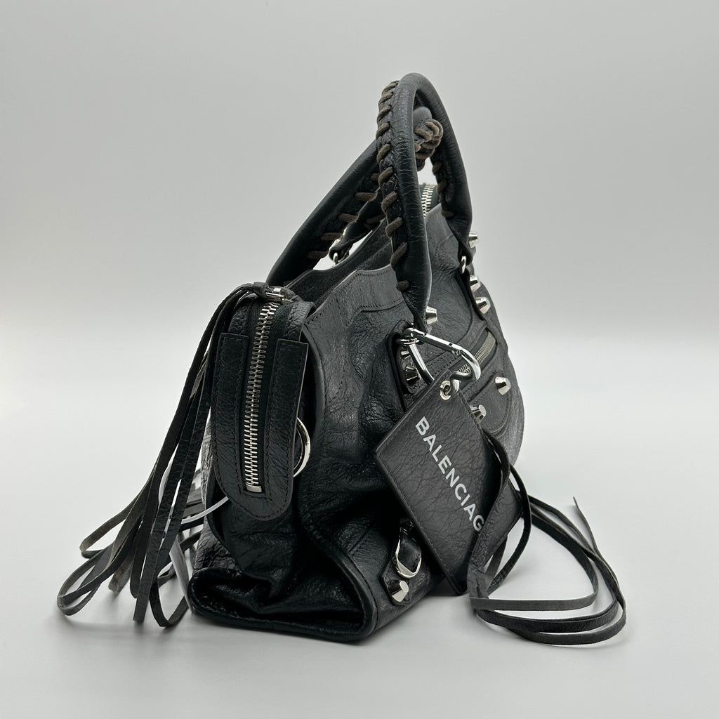 Balenciaga  Calfskin Leather  Silver Motorcycle City Bag