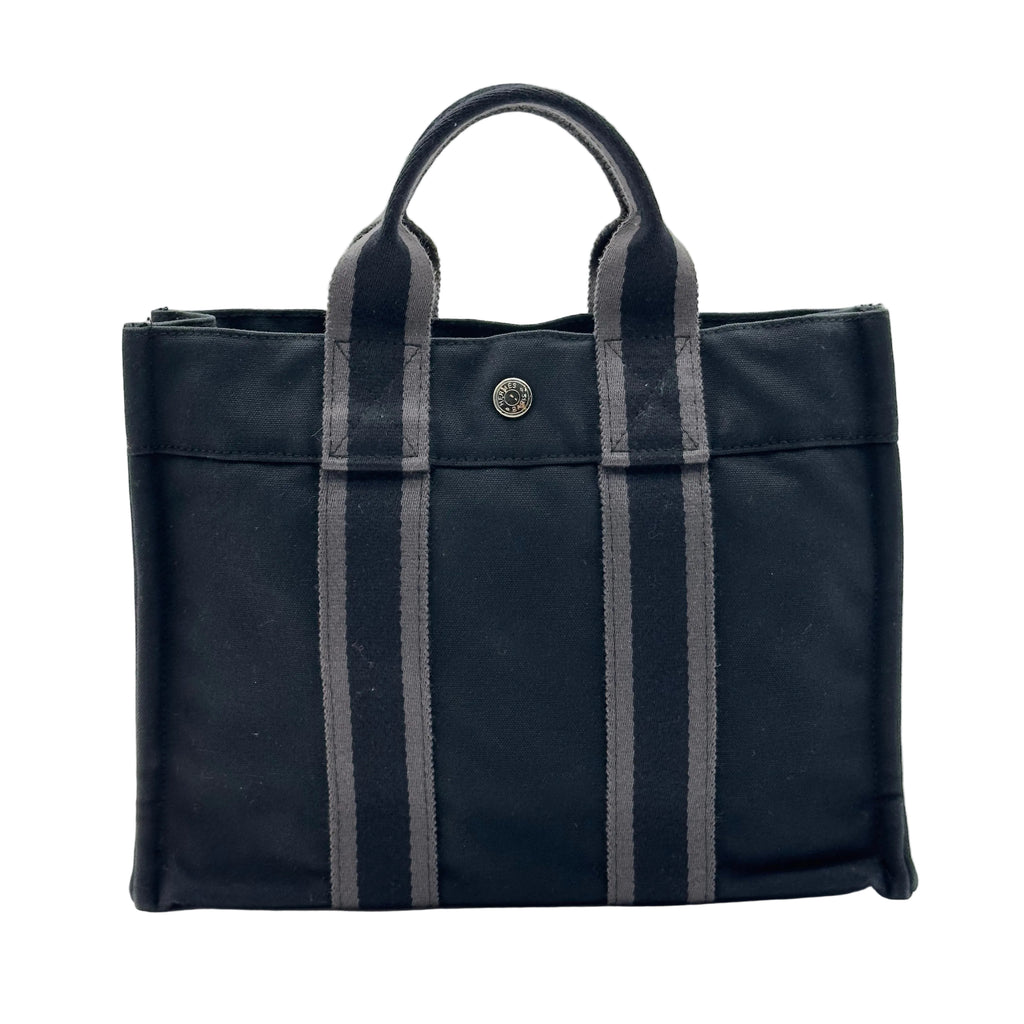 Hermes Striped Canvas Fourre Tout PM Black Tote Bag