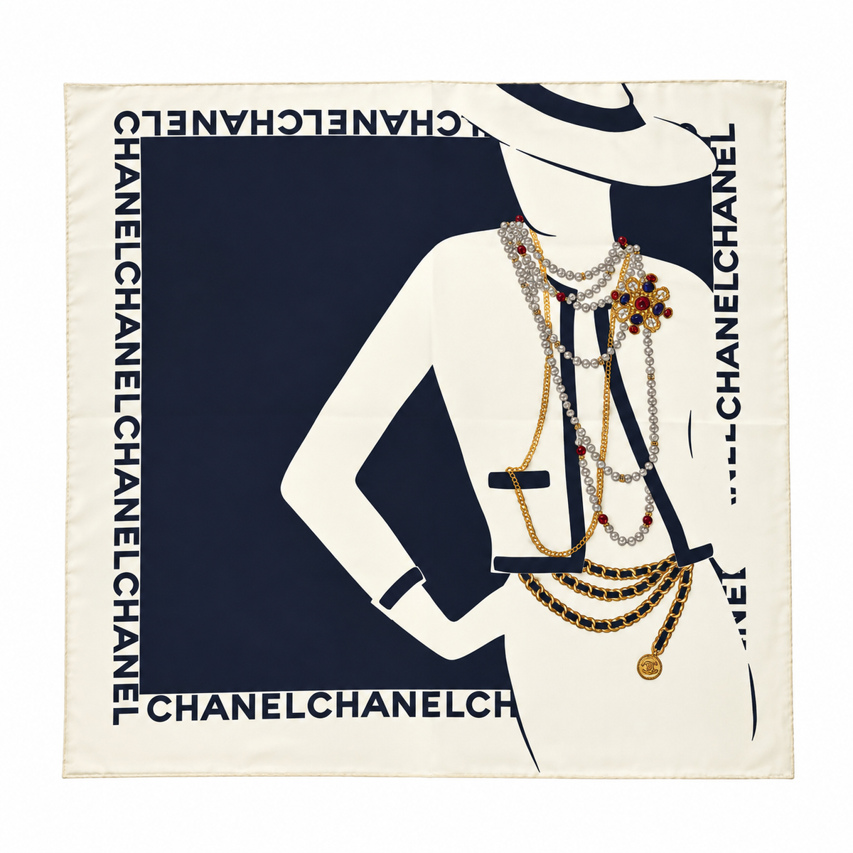 Chanel Mademoiselle Print Silk Blue White Scarf