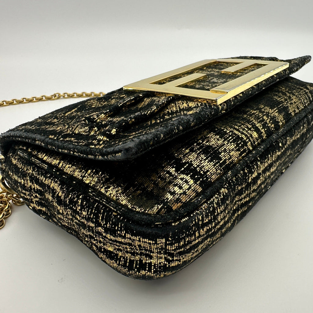 Fendi Velour Chain Shoulder Bag Black×Gold 8BP046