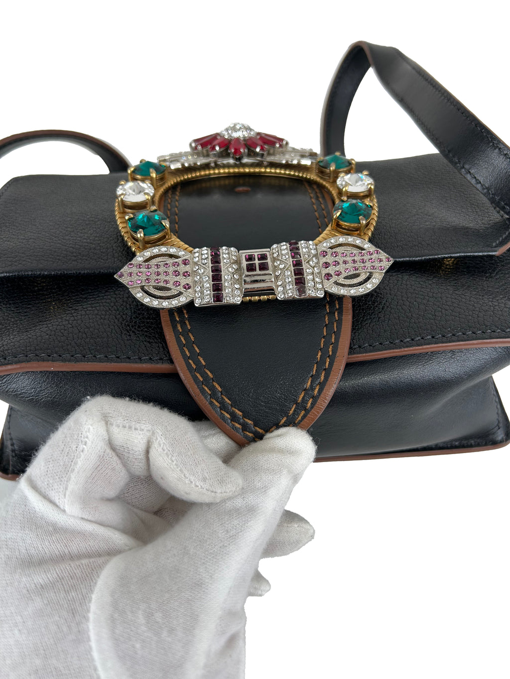 MIUMIU Sac à bandoulière à rabat en cuir Madras noir orné de cristaux et boucle
