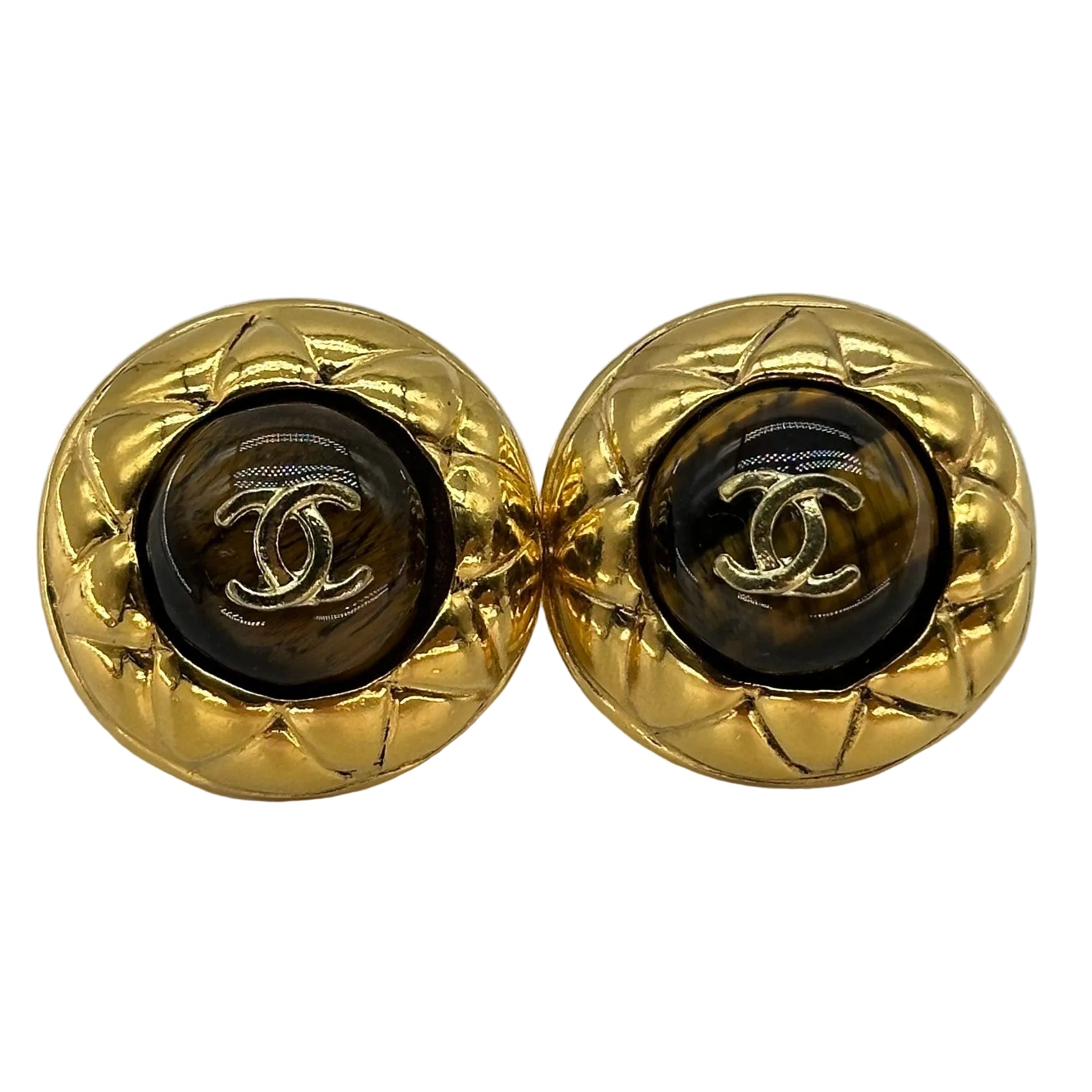 CHANEL Earrings Coco Mark Metal/Stone Gold/Brown Women's Free Shipping