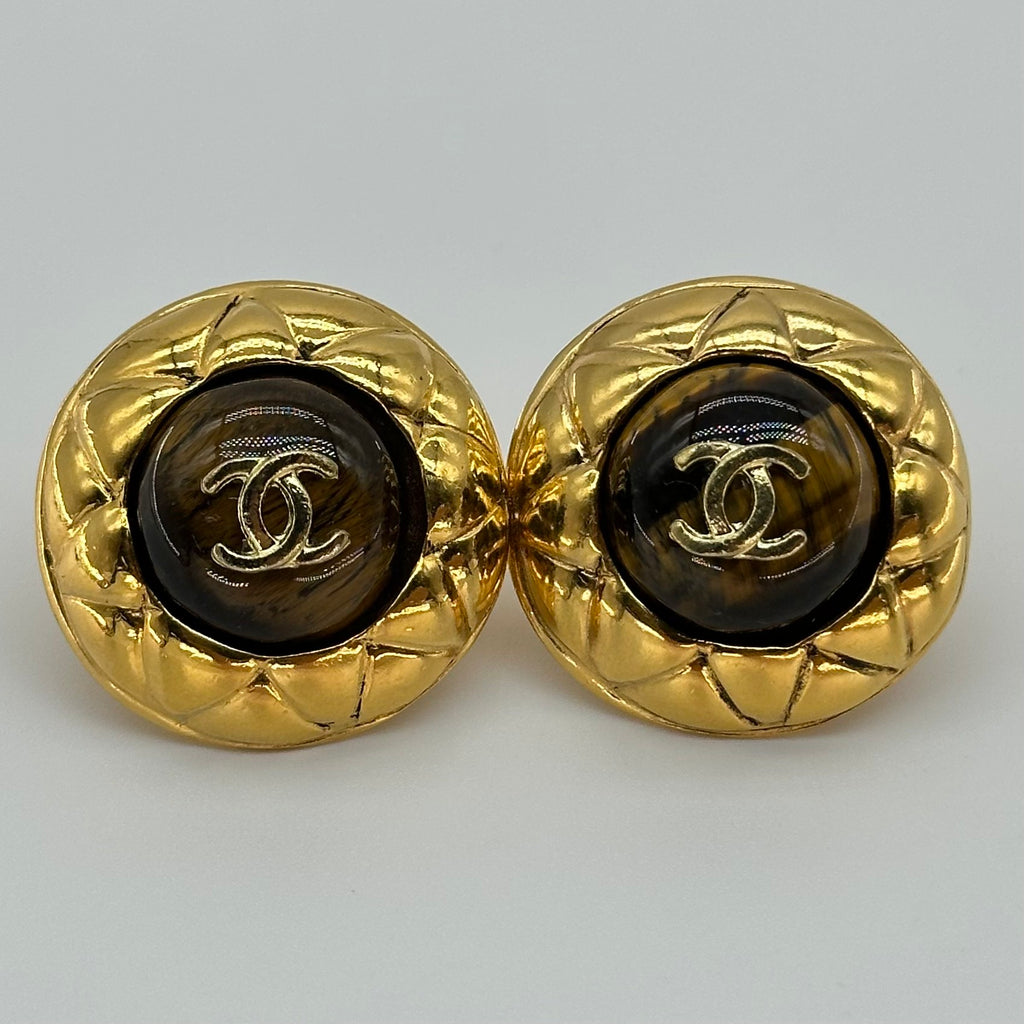 CHANEL Earrings Coco Mark Metal/Stone Gold/Brown Women's Free Shipping