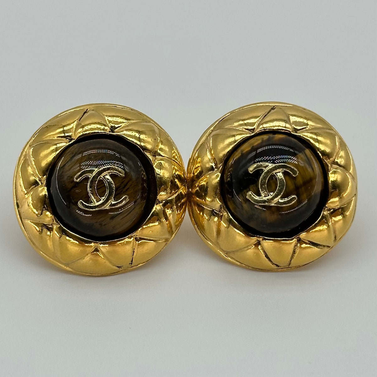 CHANEL Earrings Coco Mark Metal/Stone Gold/Brown Women's Free Shipping