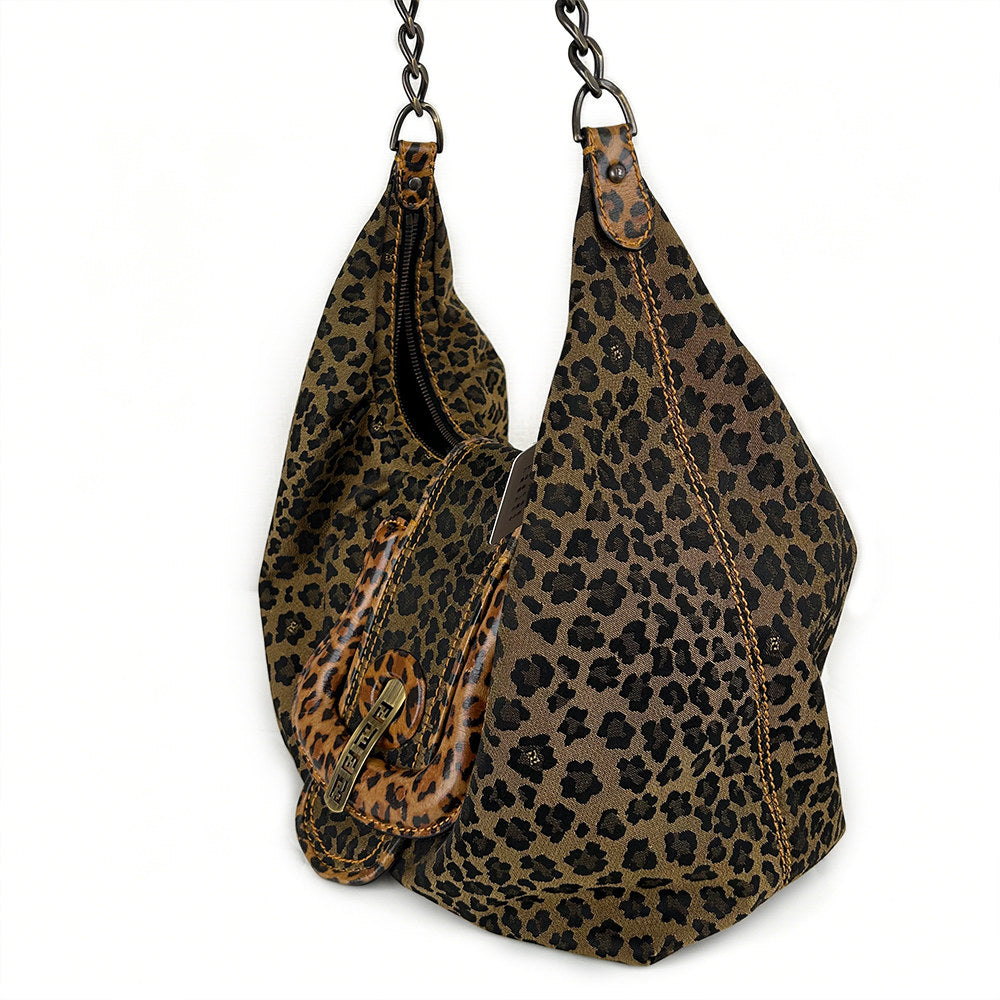 Fendi Leopard Print Canvas Shoulder Bag with Leather Chain Strap