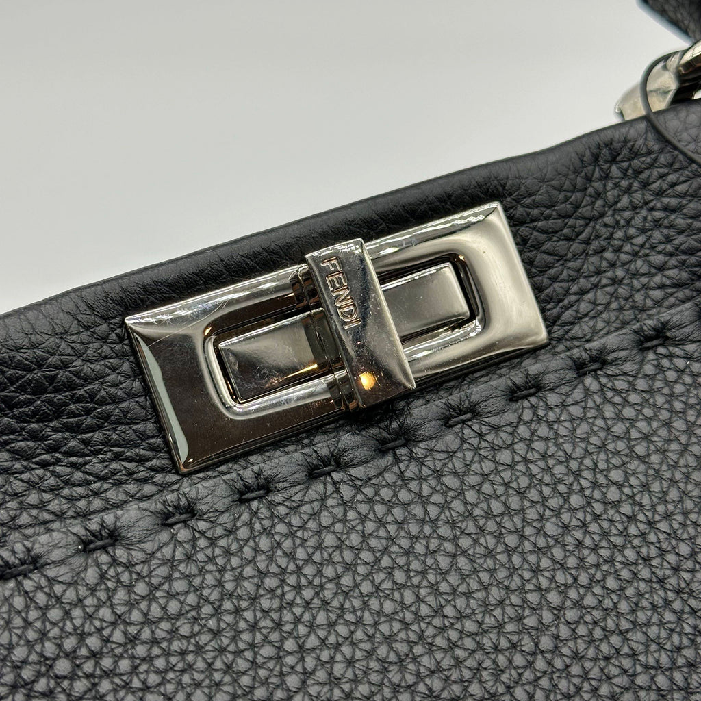 Fendi Peekaboo Regular Size Selleria Calfskin Leather 2WAY Handbag Shoulder Bag Black