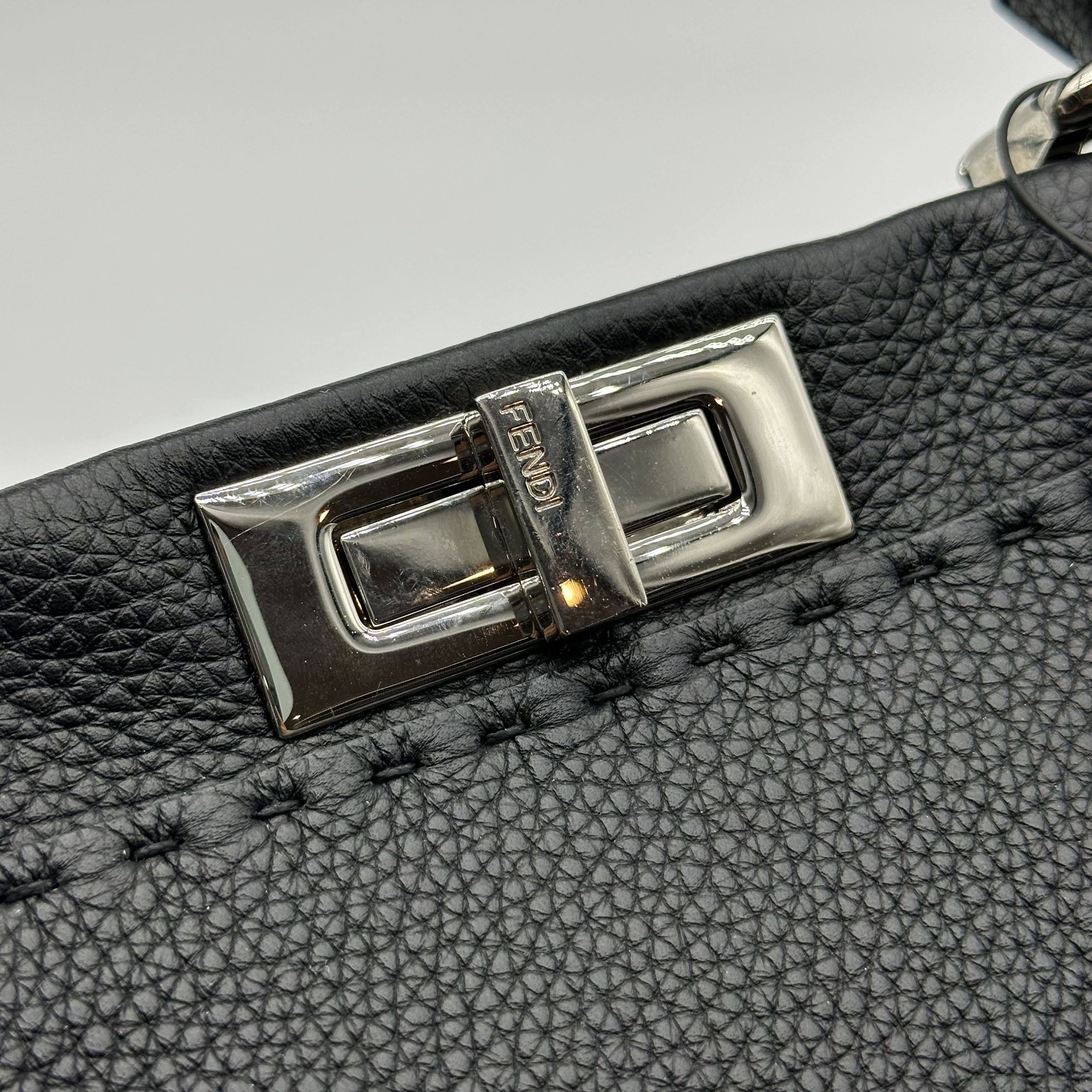 Fendi Peekaboo Regular Size Selleria Calfskin Leather 2WAY Handbag Shoulder Bag Black
