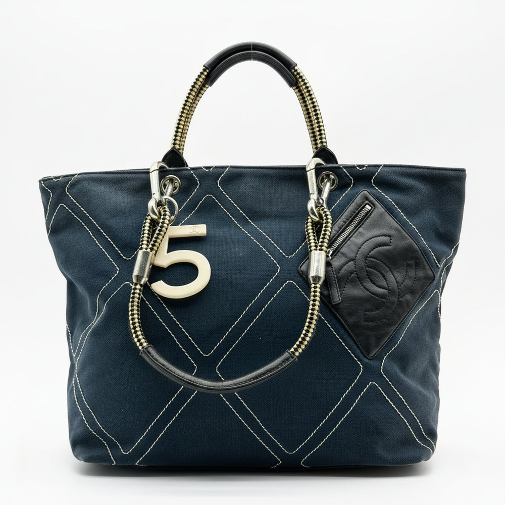 Chanel Quilted Number 5 Rope Handle Navy Tote Bag
