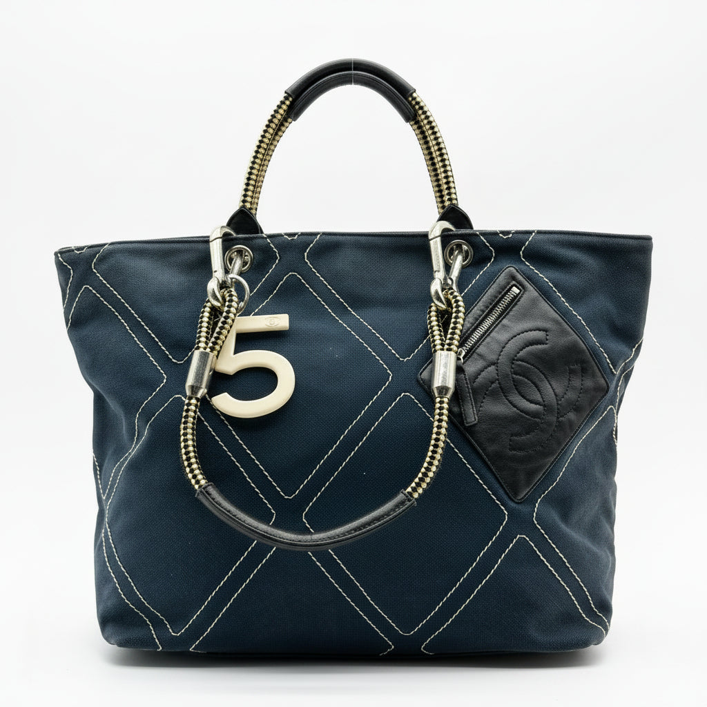 Chanel Quilted Number 5 Rope Handle Navy Tote Bag