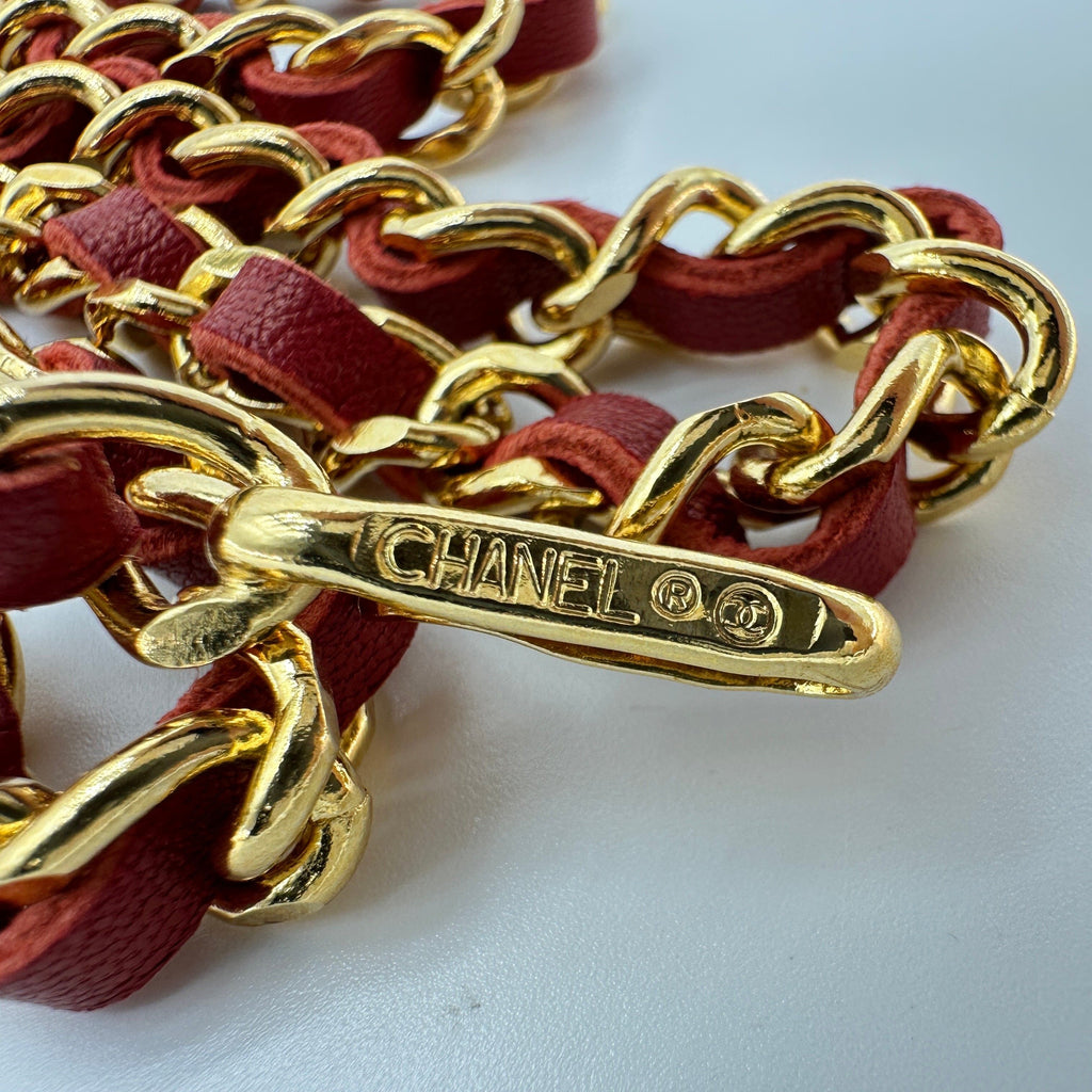 Chanel Gold Leather Chain Coco Mark Red Belt