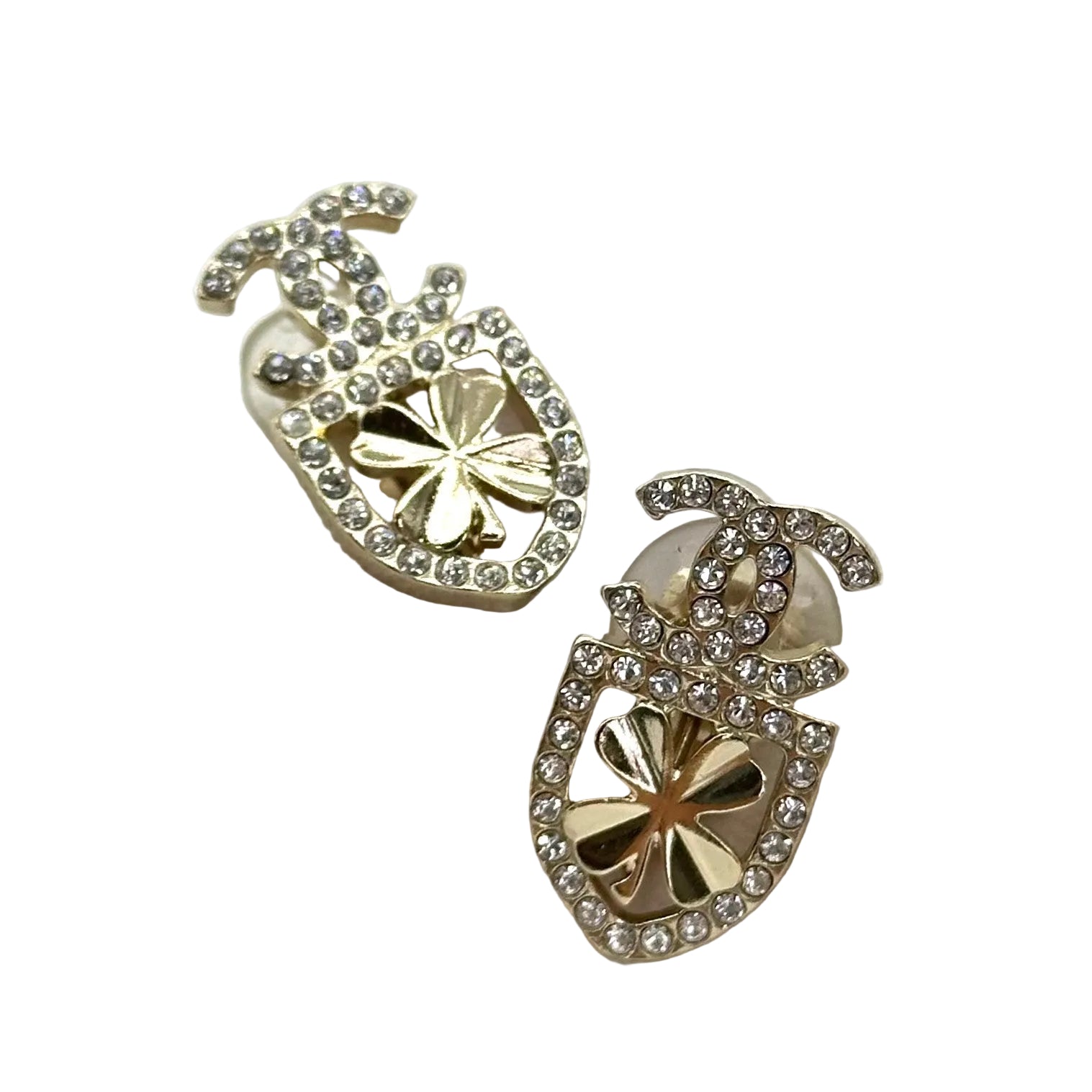 Chanel Shield Clover Rhinestone Double CC Clip-On Earrings
