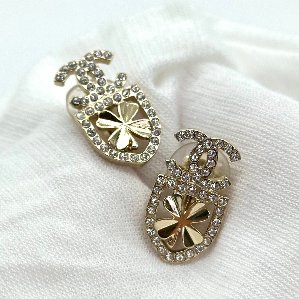 Chanel Shield Clover Rhinestone Double CC Clip-On Earrings
