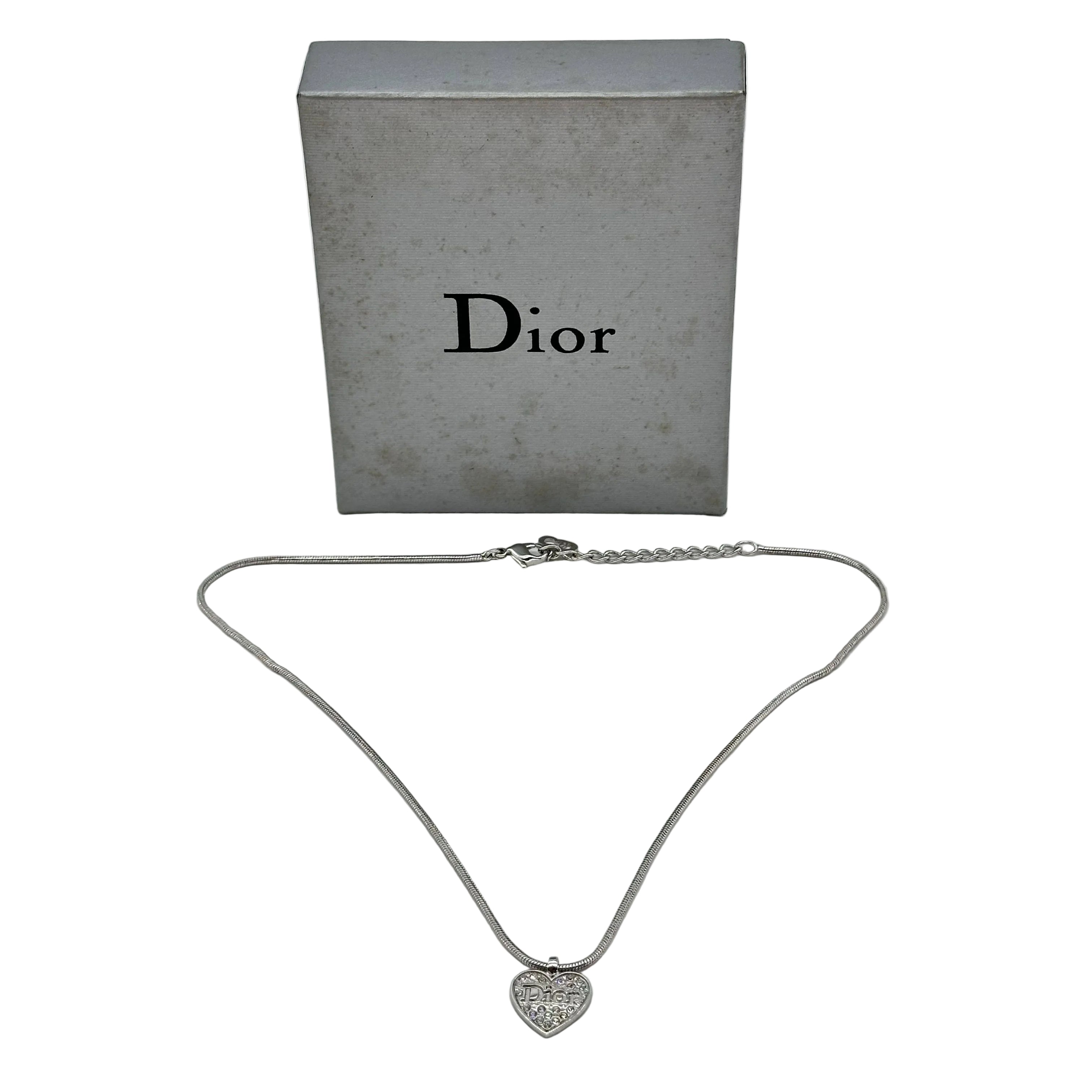 Christian Dior Heart Rhinestone Logo Necklace Silver Snake Chain