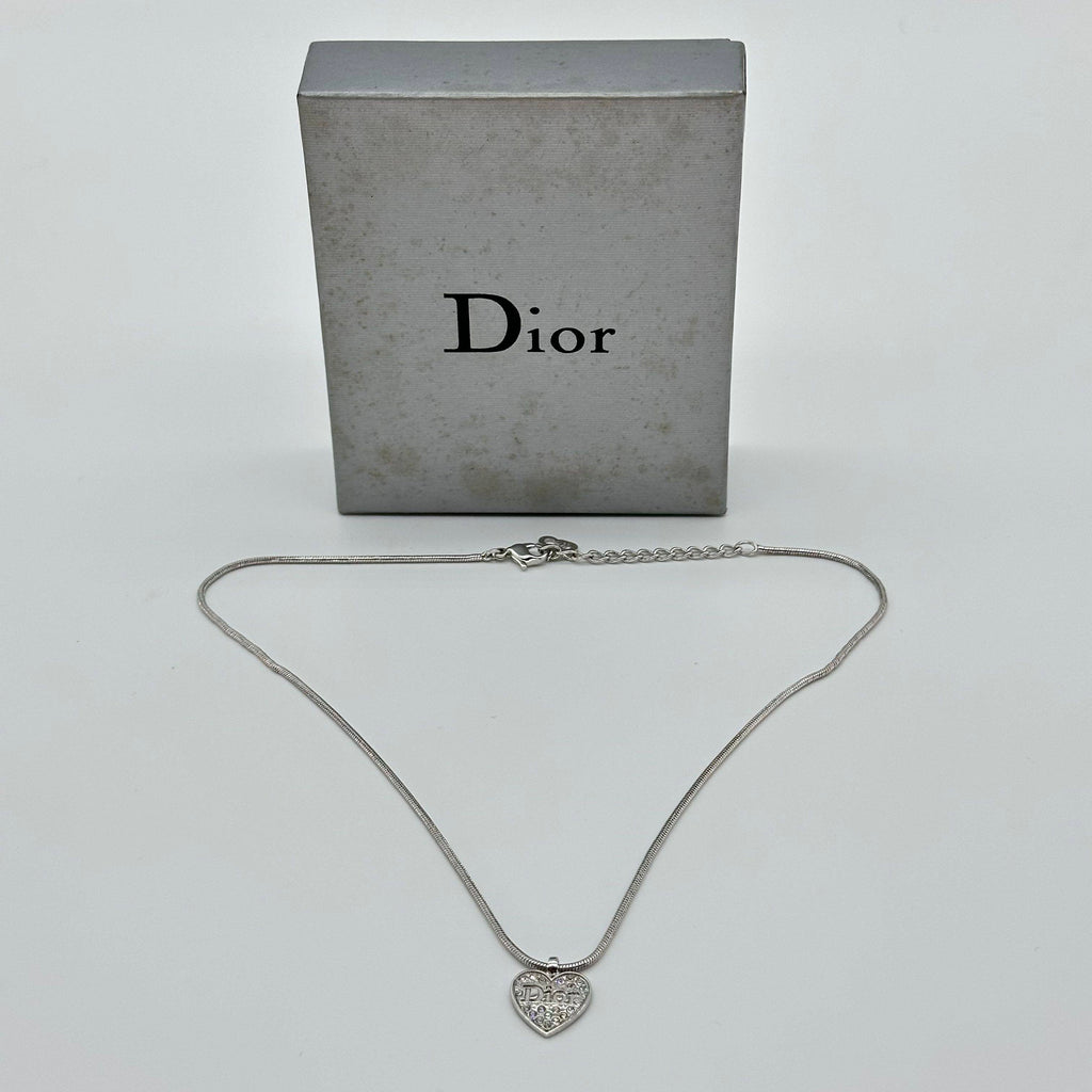 Christian Dior Heart Rhinestone Logo Necklace Silver Snake Chain