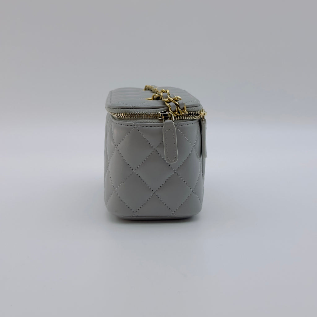 Chanel Quilted Lambskin CC Vanity Case Mini Gray Chain Shoulder Bag