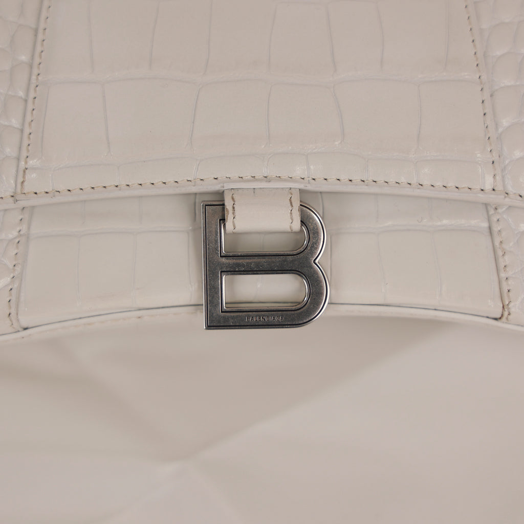 White Croc Embossed Leather Small Hourglass Top Handle Bag w/ Strap
