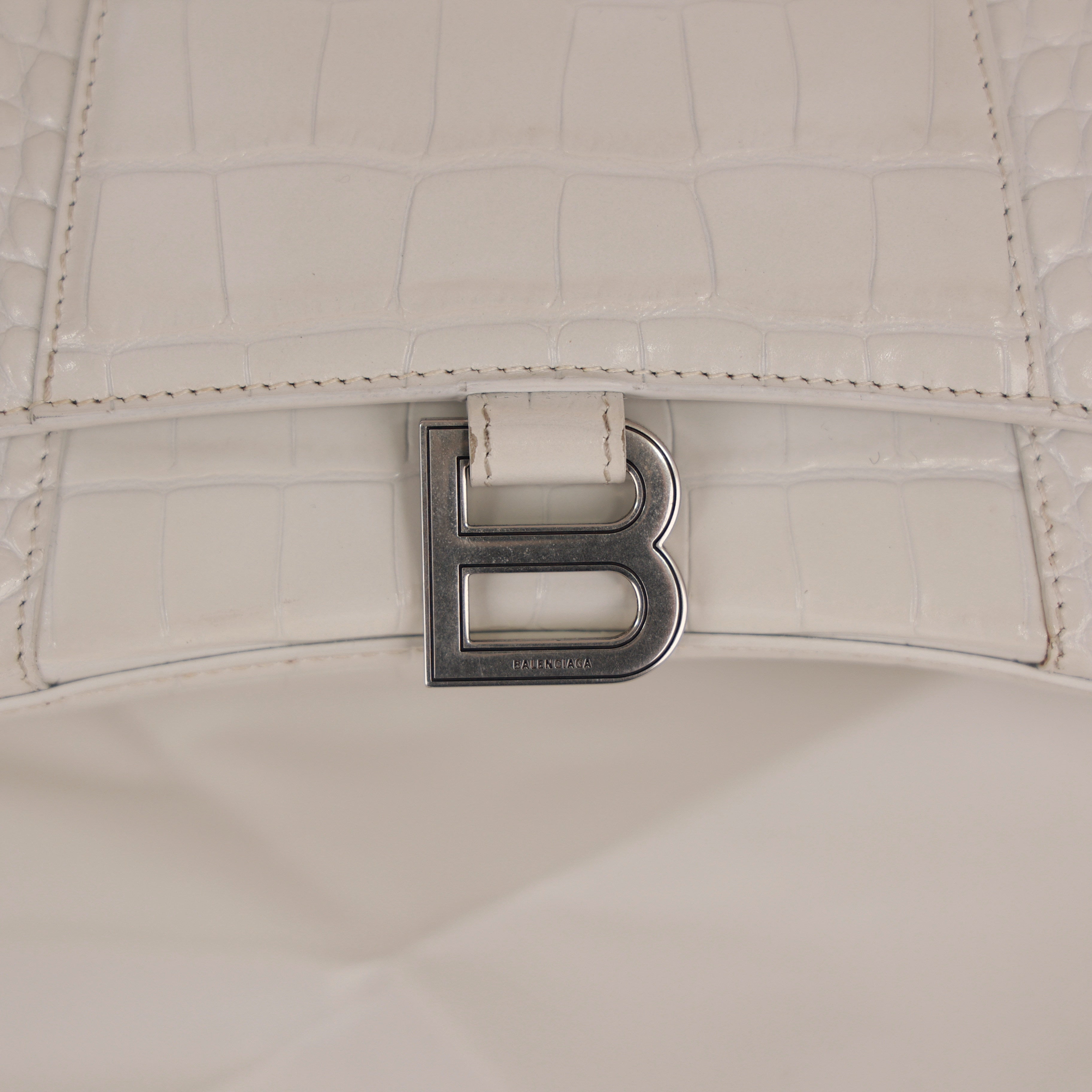 White Croc Embossed Leather Small Hourglass Top Handle Bag w/ Strap