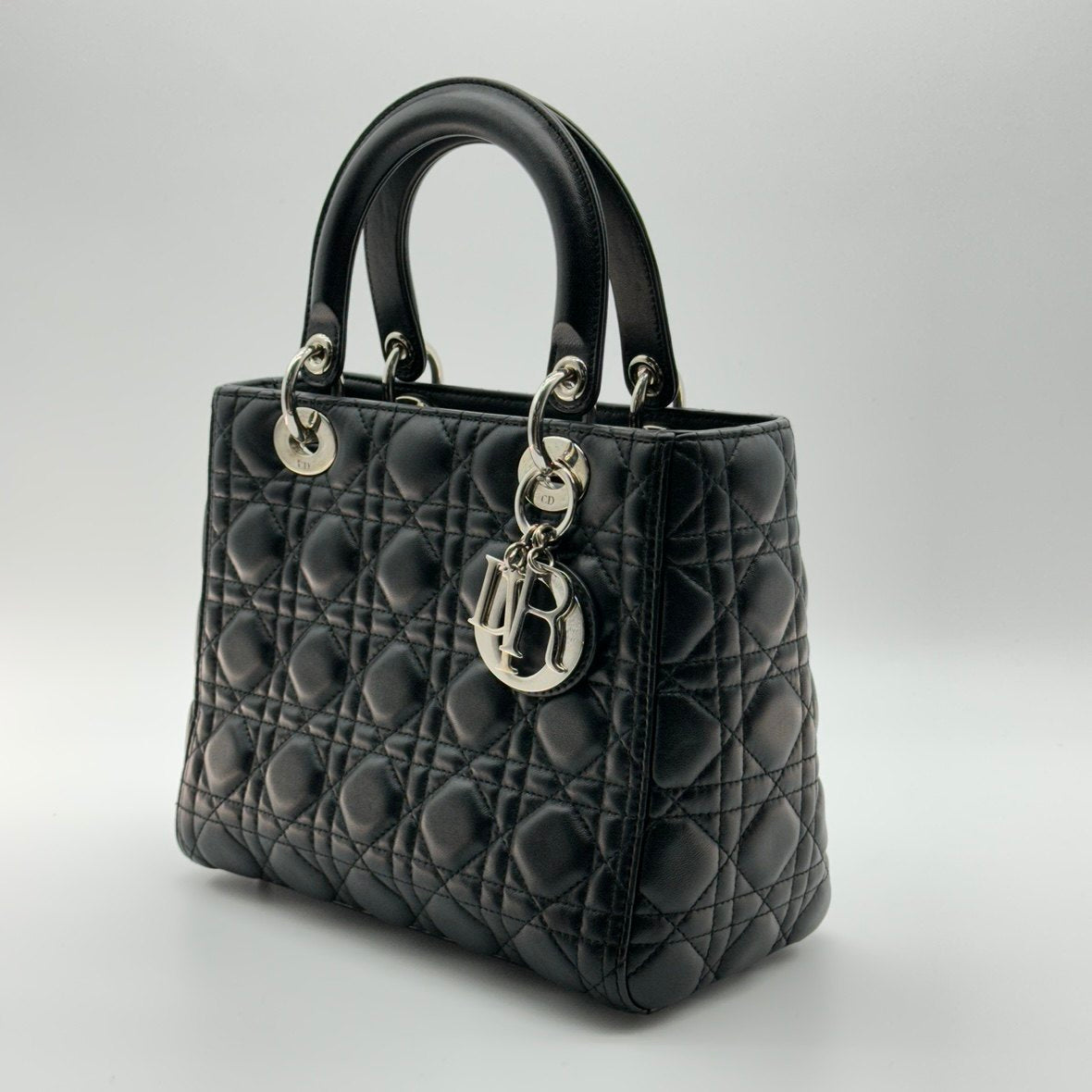 christian dior cannage lady dior leather 2 way handbag black