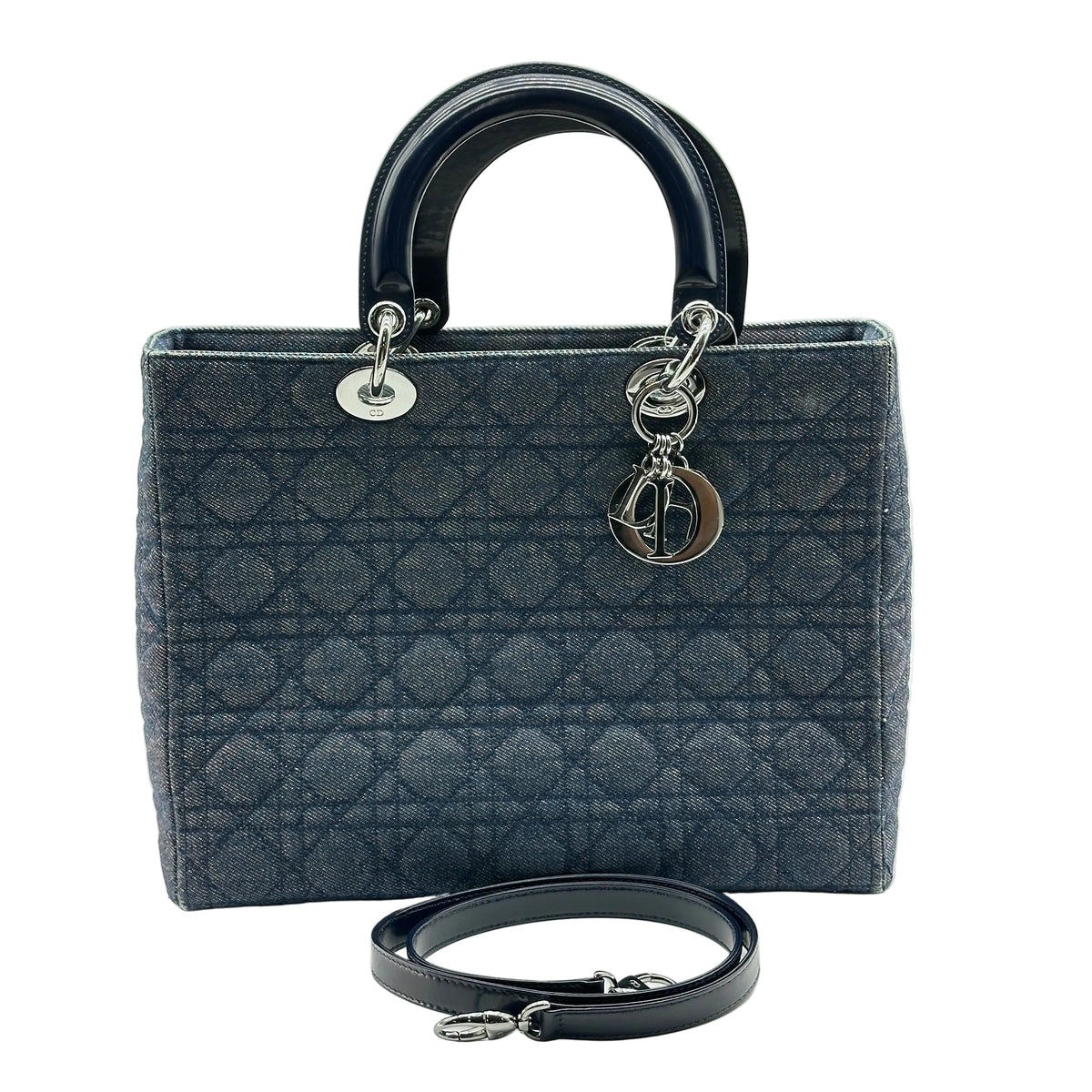 christian Dior lady Dior  cannage large denim patent leather 2 way handbag navy blue open papers