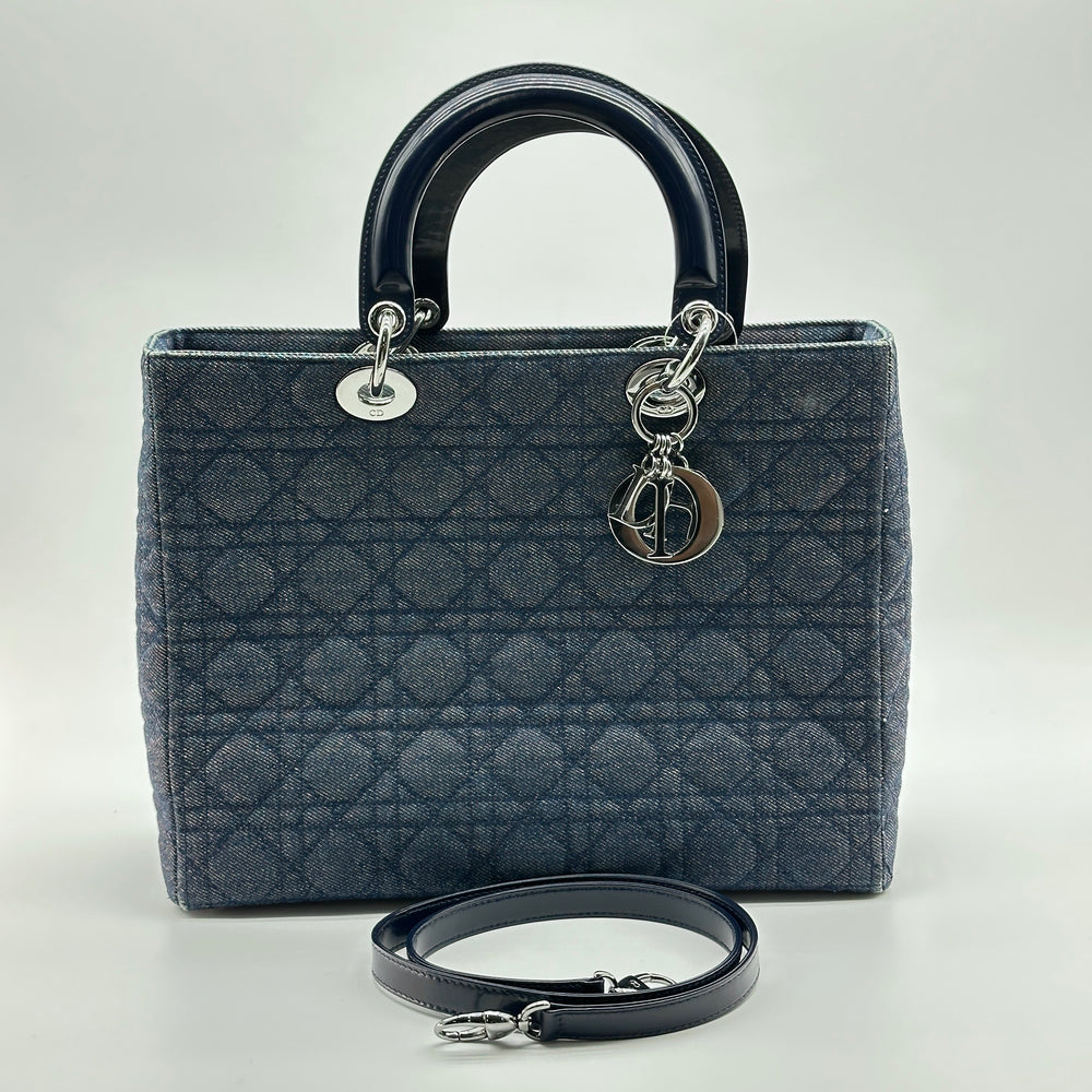 Christian Dior Lady Dior Cannage Large 2-Way Denim and Patent Leather Handbag Navy