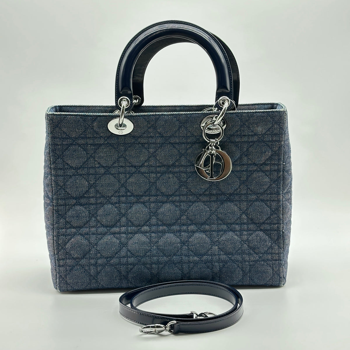 Christian Dior Lady Dior Cannage Large 2-Way Denim and Patent Leather Handbag Navy