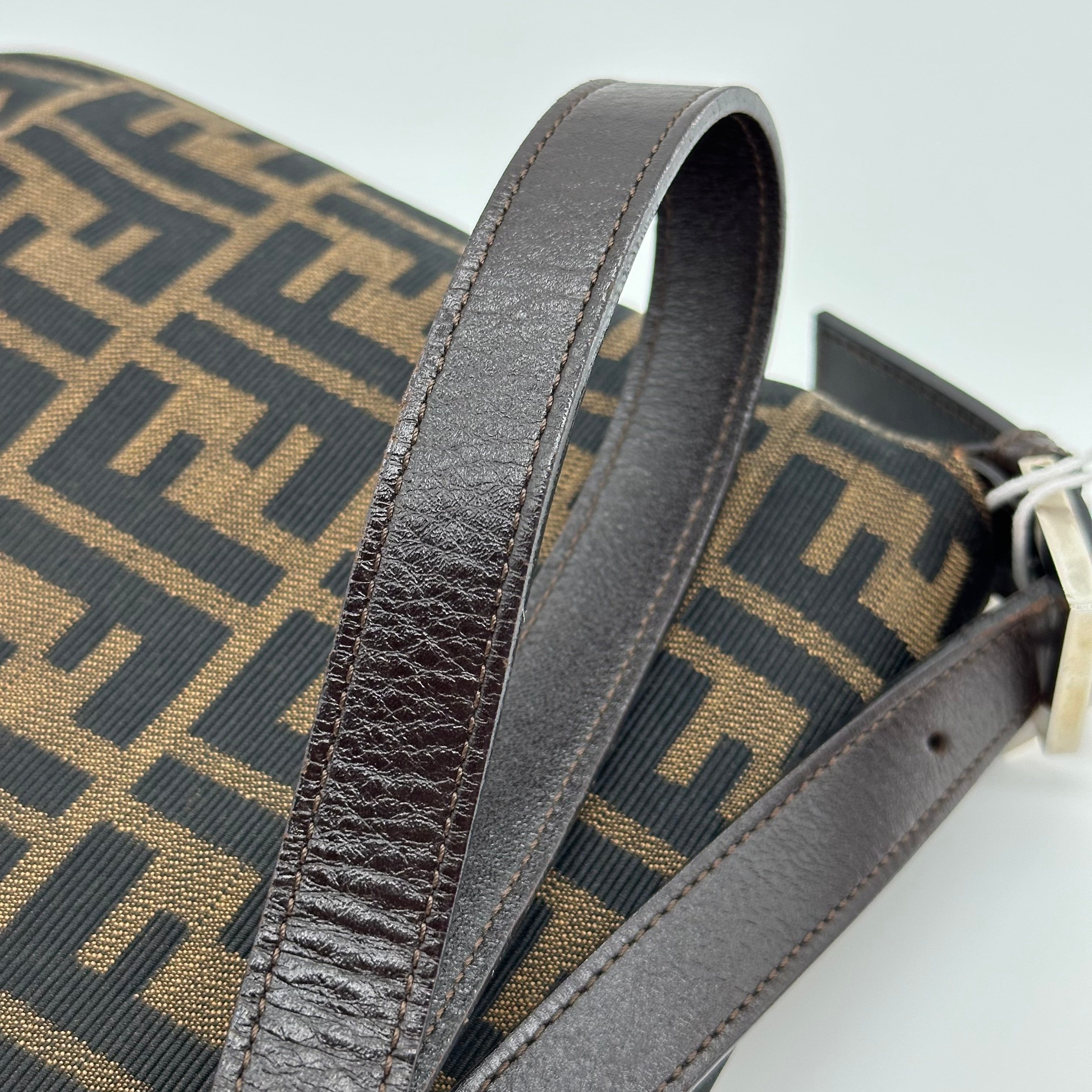 Fendi FF Logo Zucca Shoulder Crossbody Bag Brown Canvas Leather Vintage