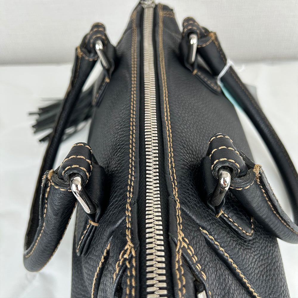 CHANEL Fringe Charm Handbag Mini Boston Bag Logo Embossed Coco Mark Engraved Silver Hardware Leather