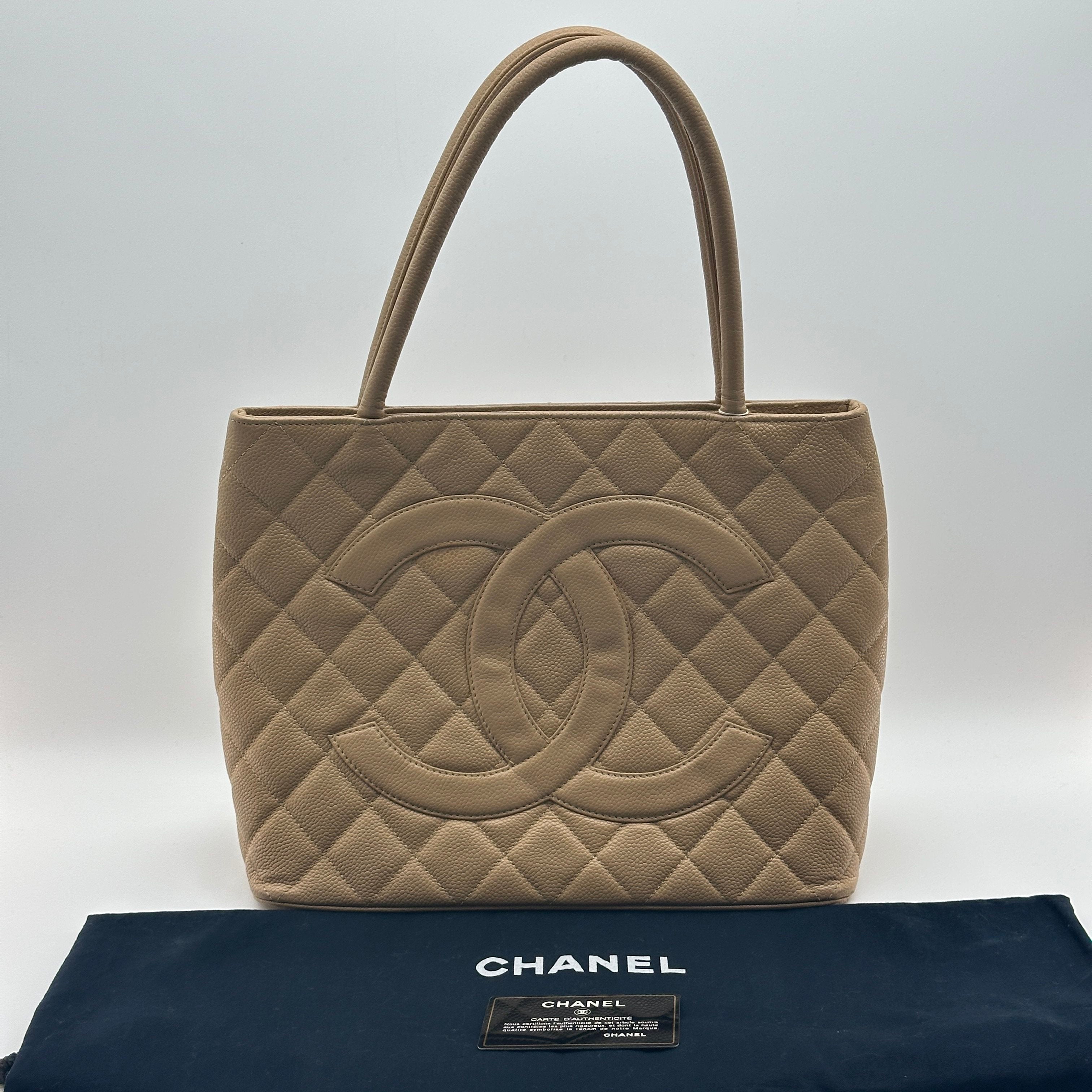 chanel beige quilted caviar leather medallion tote bag