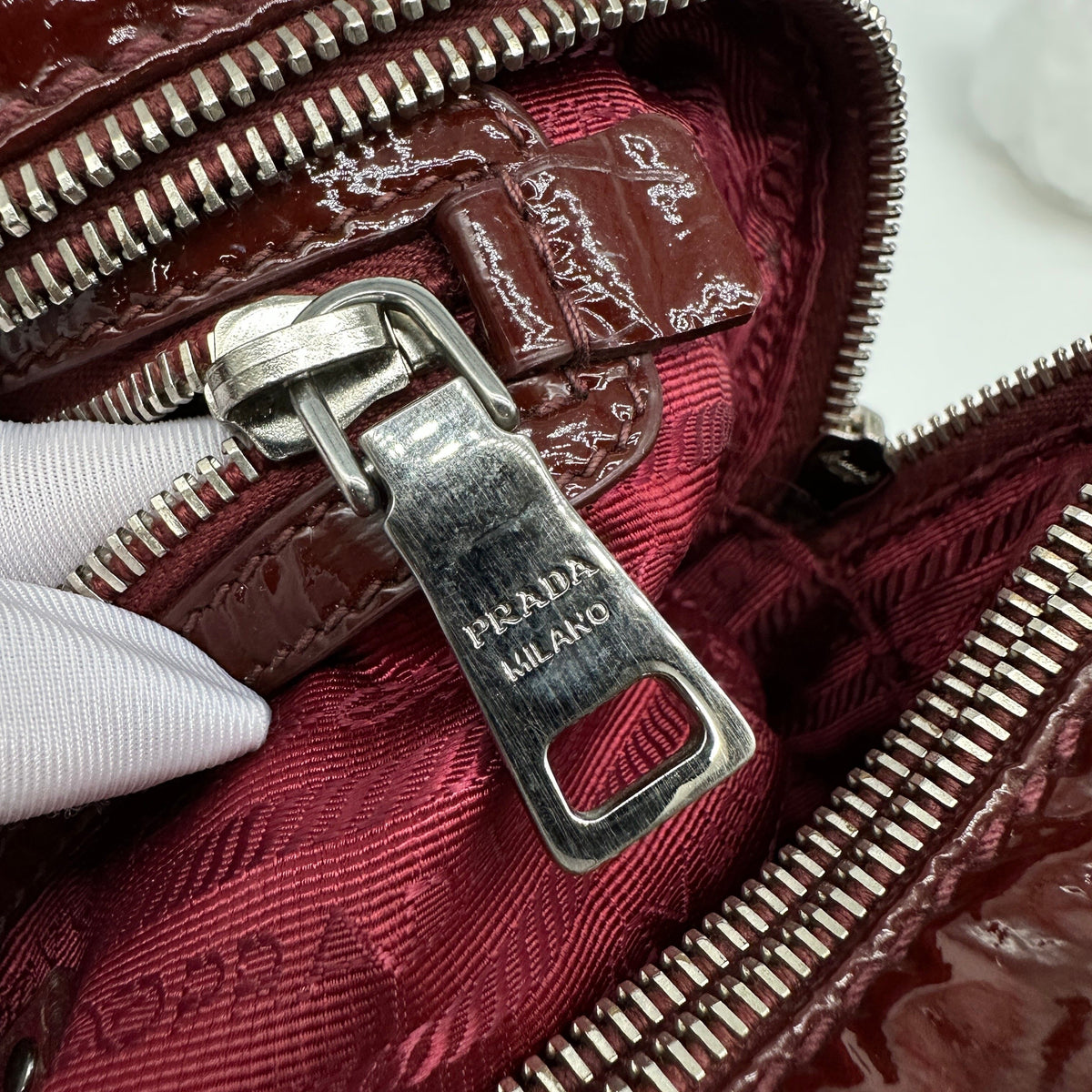 Prada Patent Leather Mini Burgundy Boston Bag