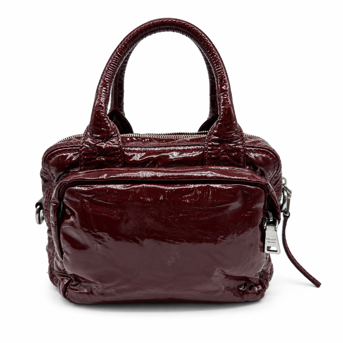 Prada Patent Leather Mini Burgundy Boston Bag