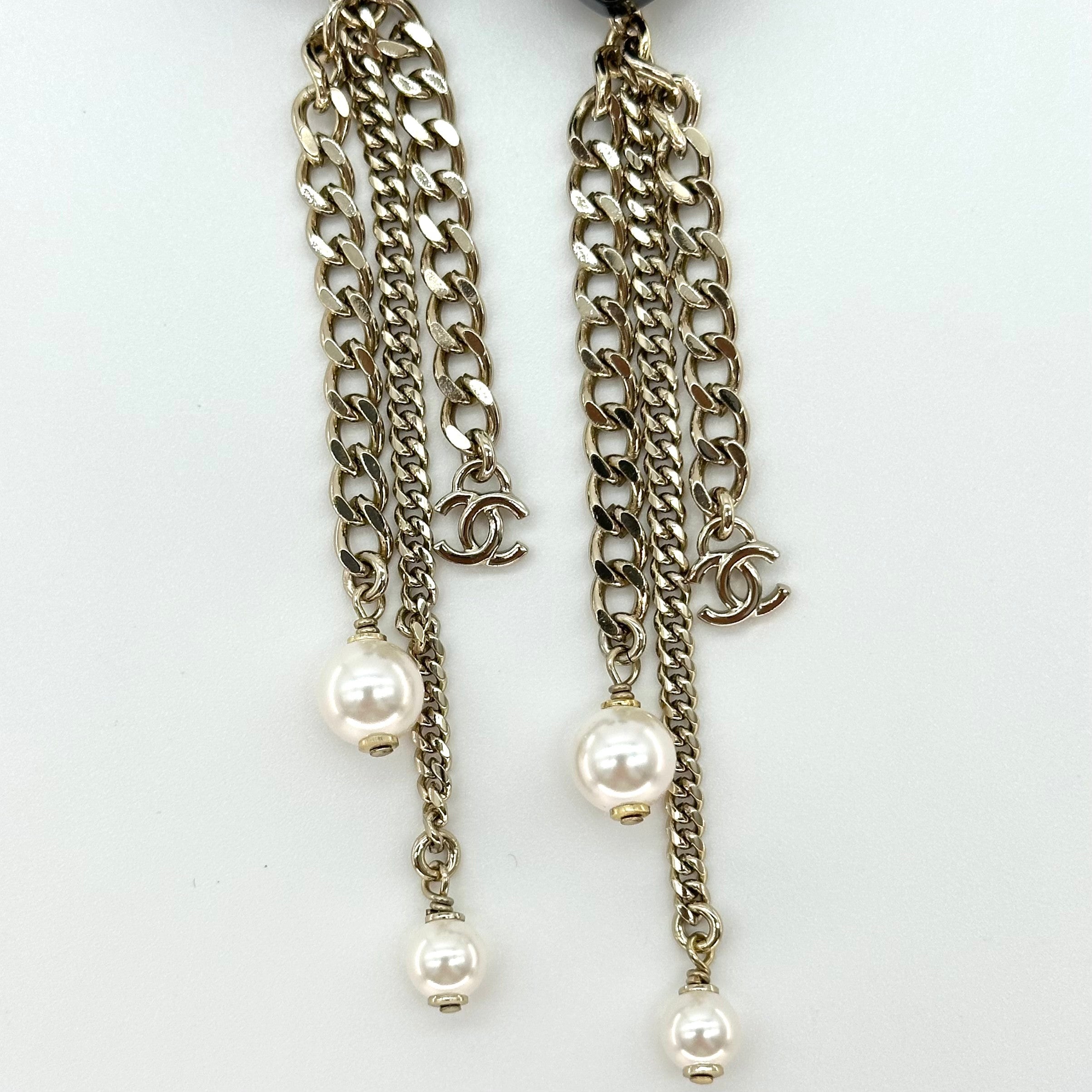 Chanel Black Heart Rhinestone Double CC Tassel Chain Pearl Stud Earrings