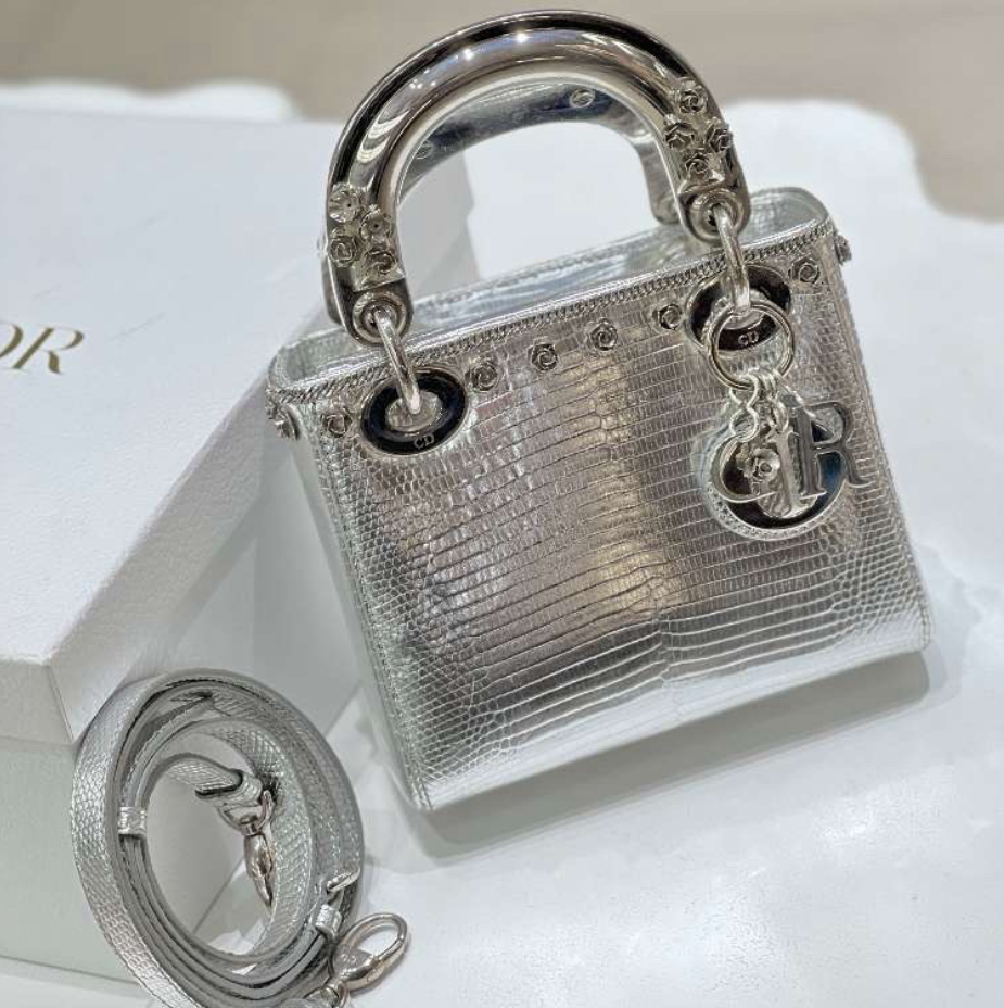 Dior Lady Dior Metallic Silver Lizard Leather Handbag