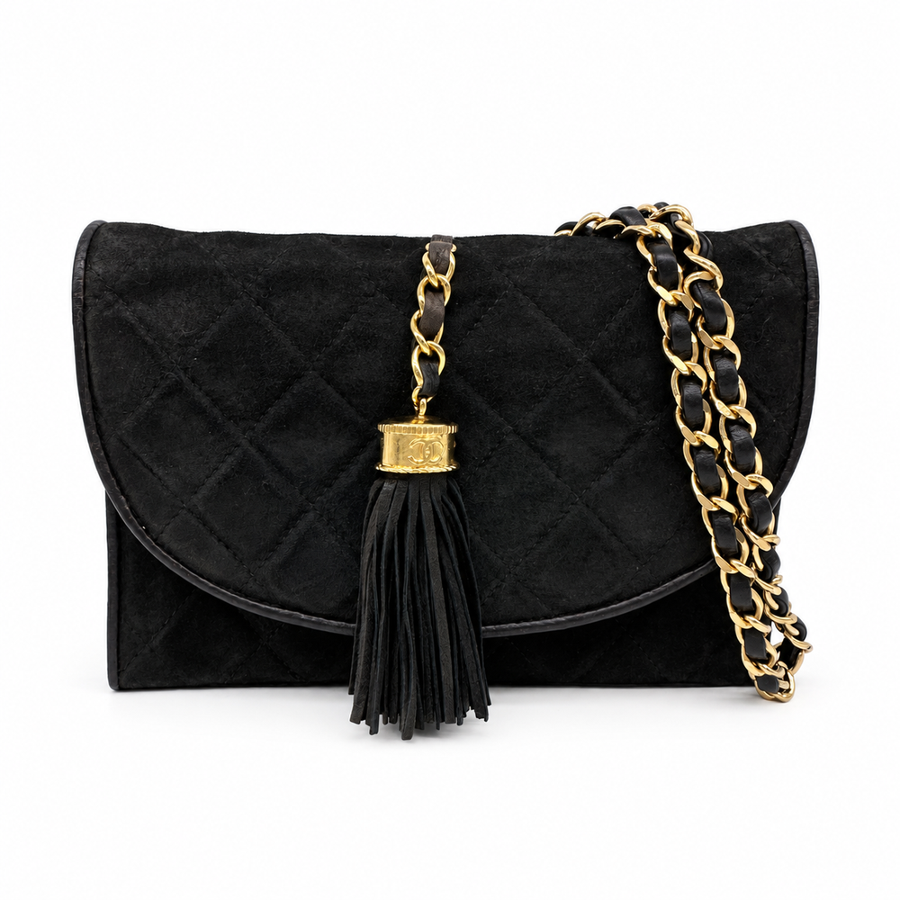 CHANEL Vintage Quilted Suede Tassel Flap Crossbody Bag Black Gold-Tone Chain