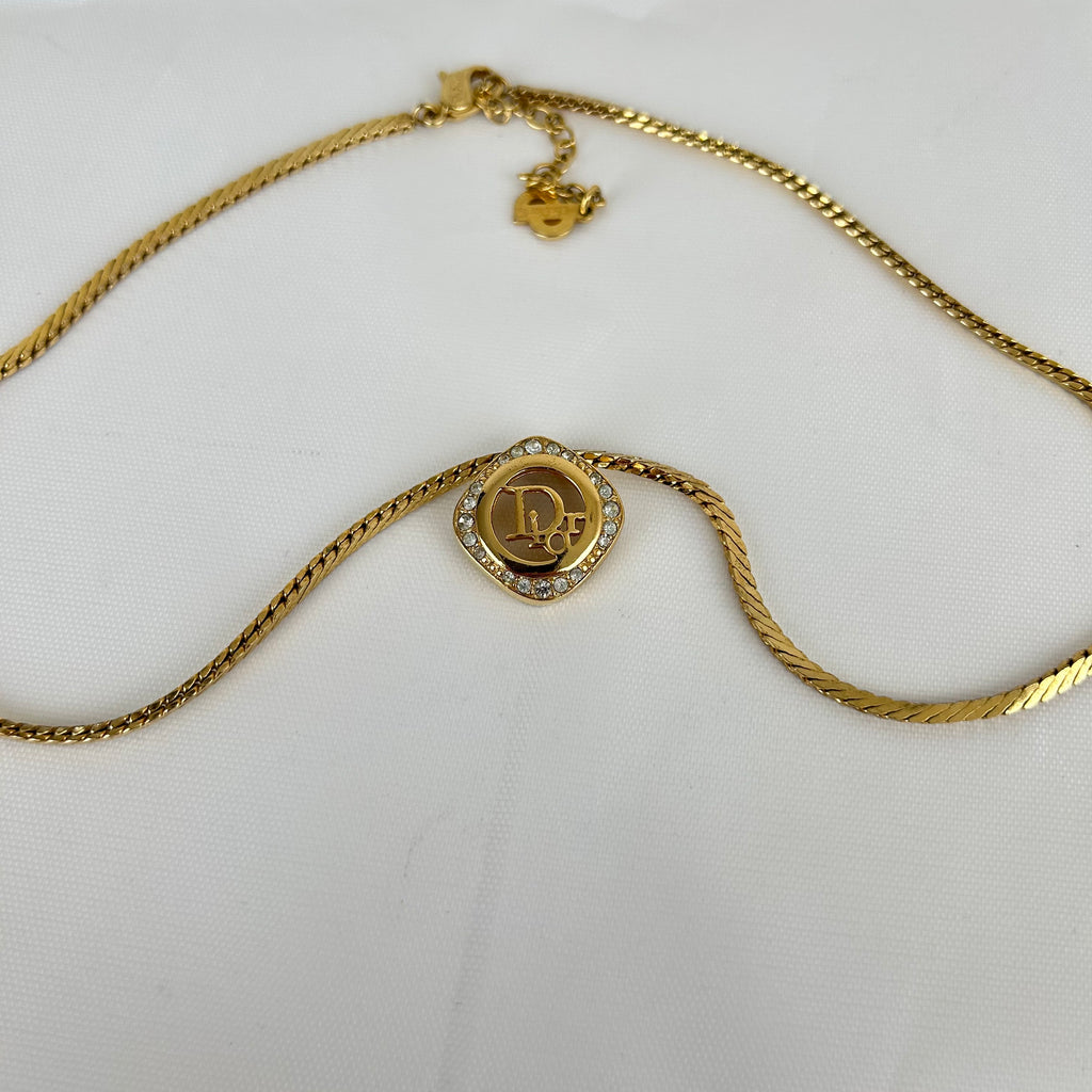 Christian Dior Square Round Rhinestone Dior Logo Necklace Gold Tone