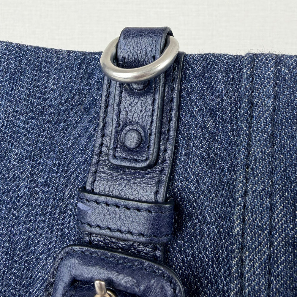 Prada Etiquette Denim Tote Bag Calfskin Leather Strap 2Way Shoulder Bag