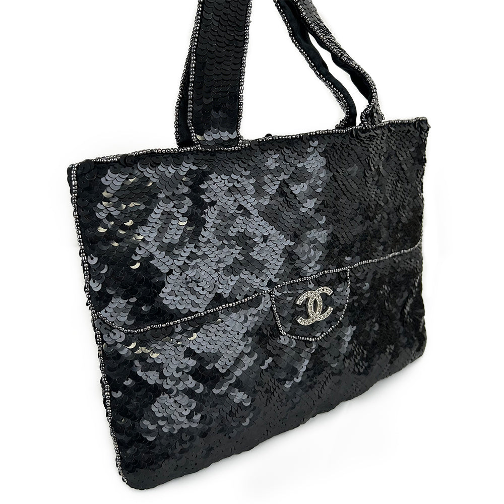 Chanel Coco Mark Metallic Black Sequin Tote Bag