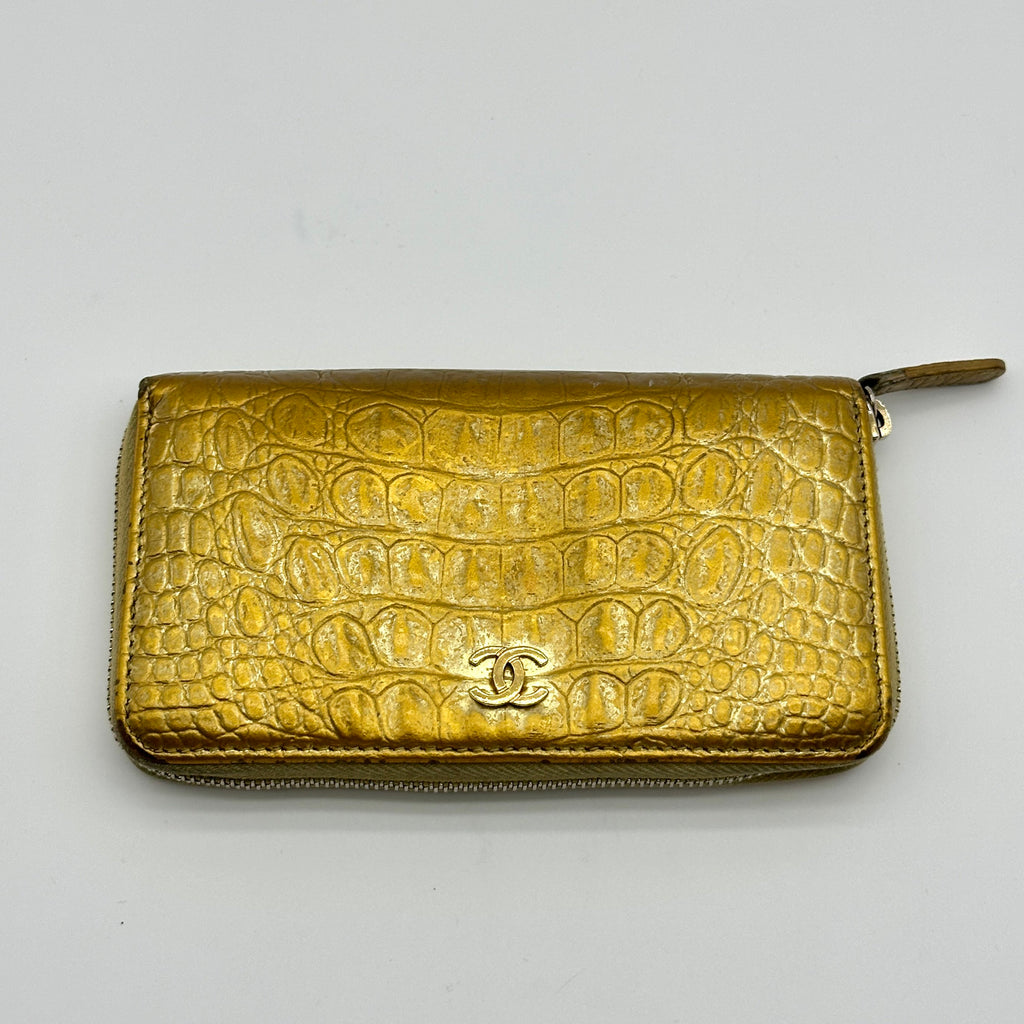 Chanel Crocodile Leather Coco Mark Gold Zip-Around Wallet
