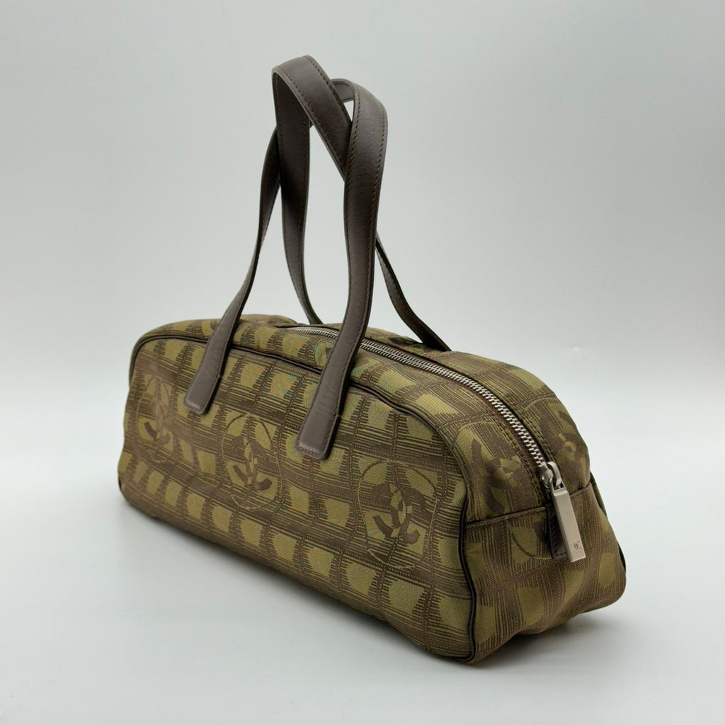 Chanel New Travel Line CC Jacquard Brown Bowling Bag