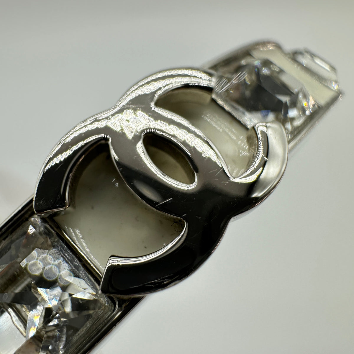 Chanel Silver White Enamel Crystal Coco Mark Bangle Bracelet