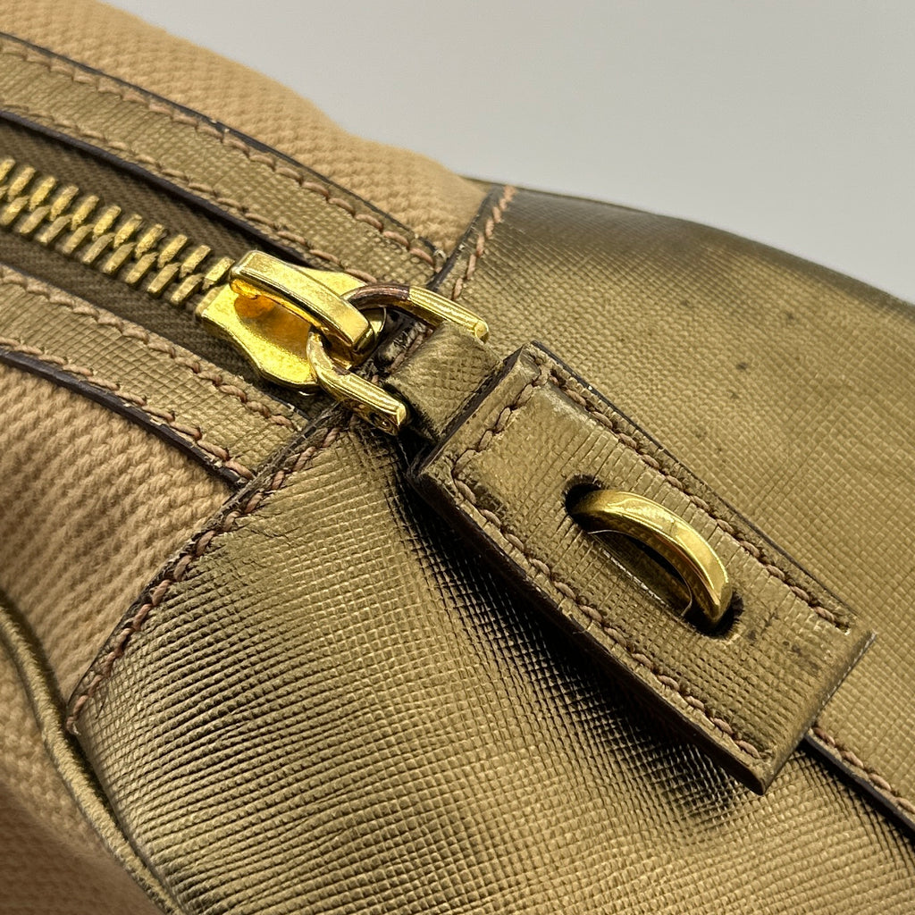 Prada Saffiano Trimmed Gold Bowling Handle Bag Gold Hardware