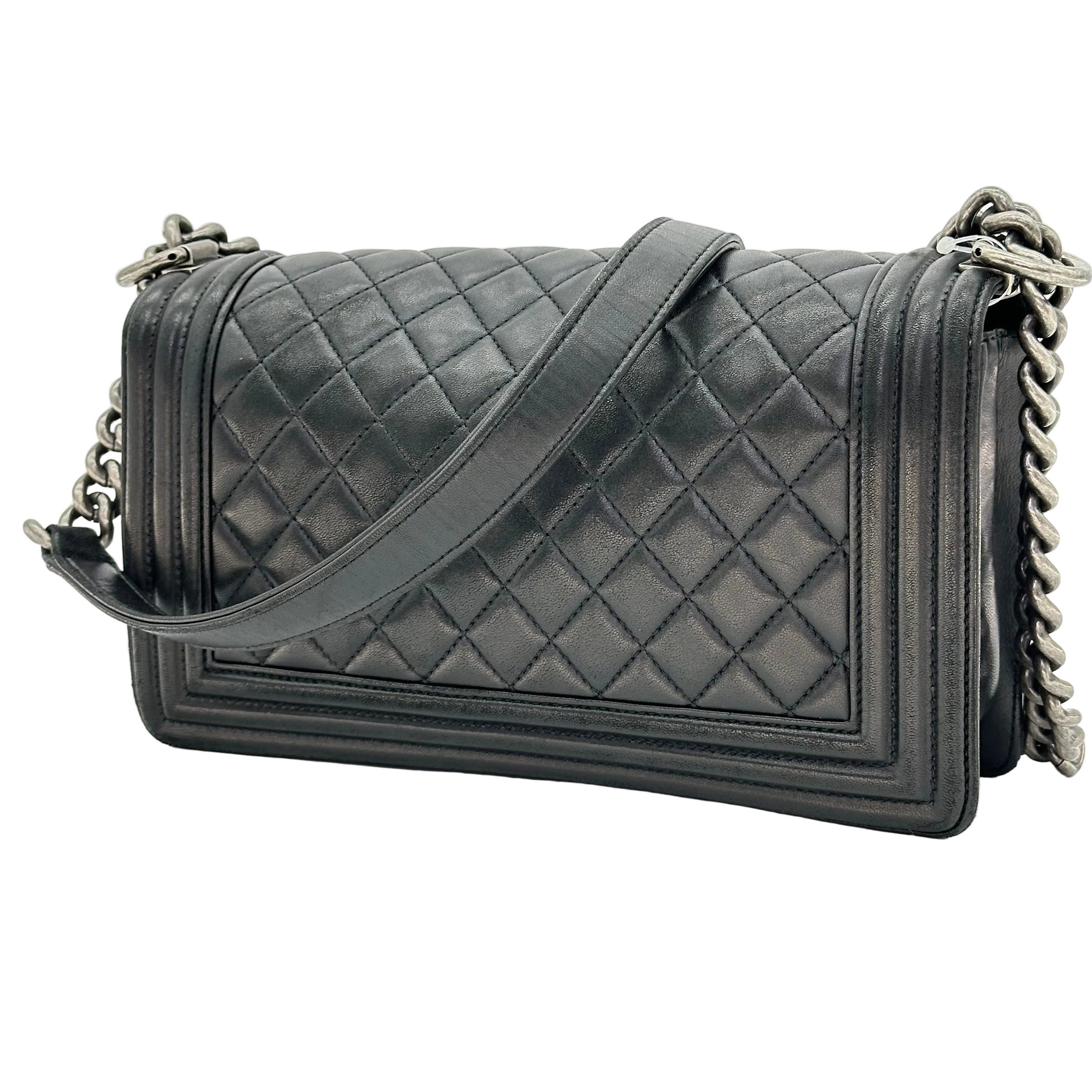 Chanel Boy Chanel 25 Lambskin Chain Shoulder Bag Black Silver 21 Series